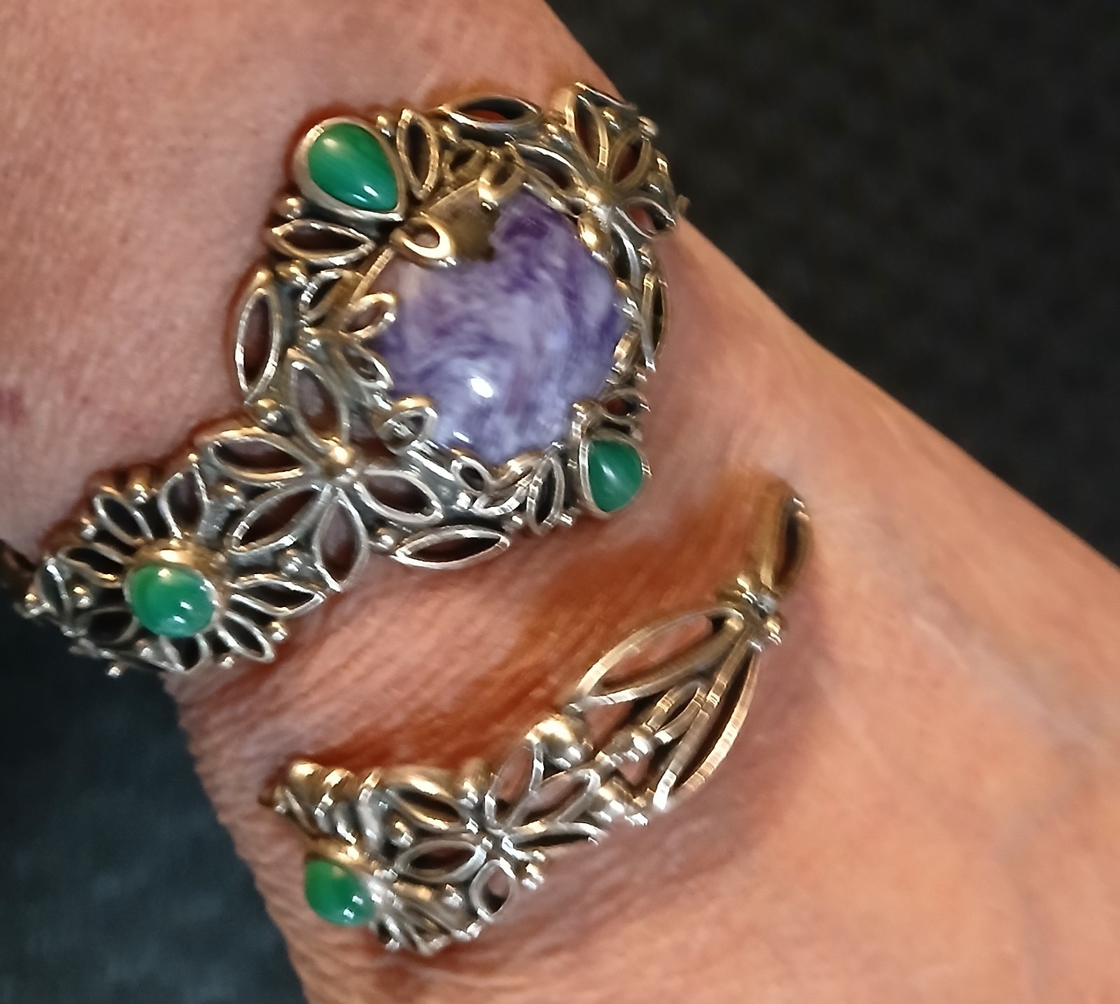 Vtg Carolyn Pollack Sterling Silver, Charoite, Malachite Bracelet, As Is, READ