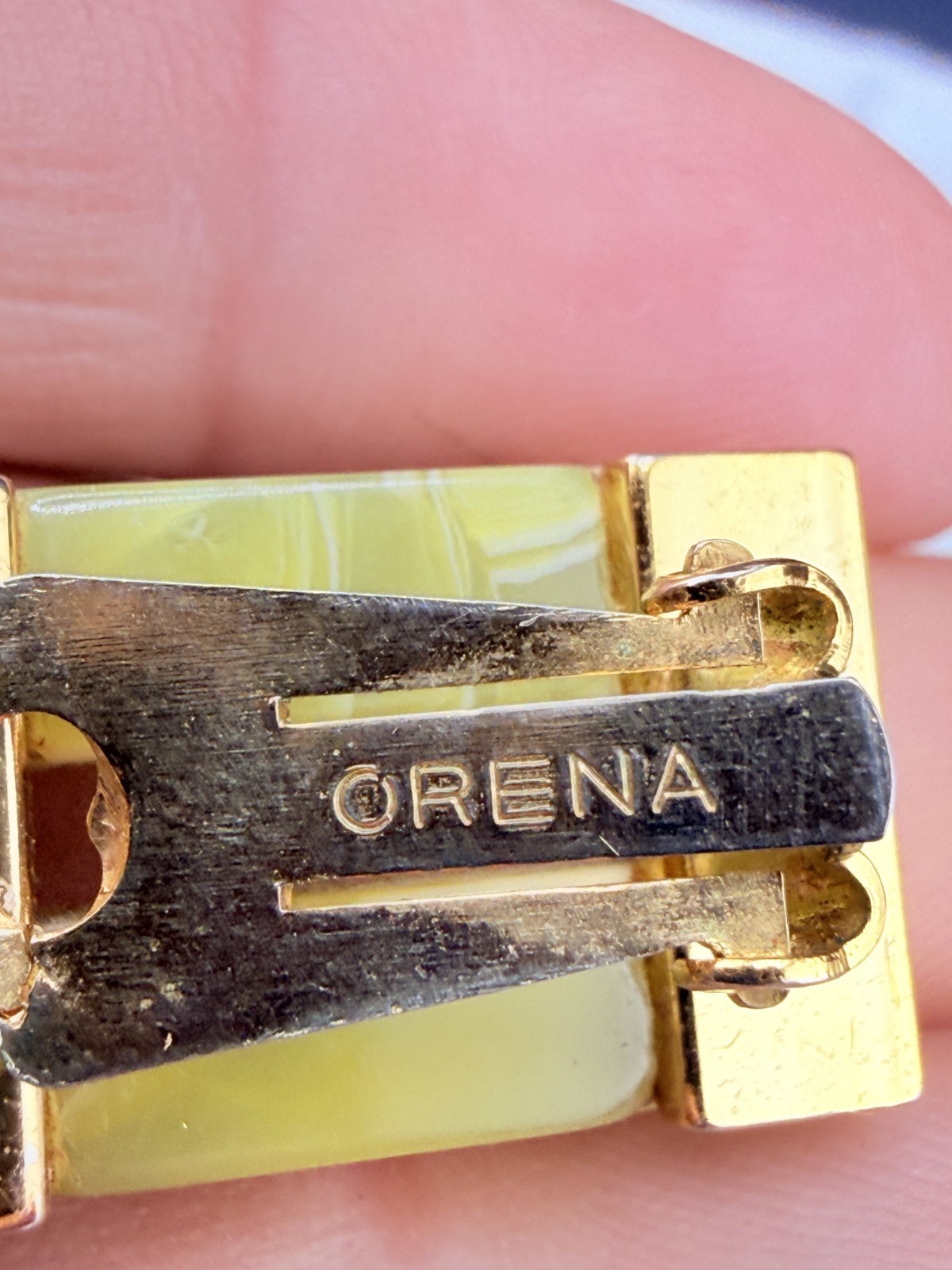 Vintage Orena Paris Earrings Green Lucite Gold Tone Signed