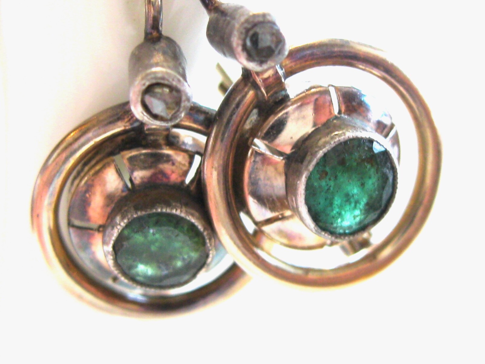 ANTIQUE CIRCULAR EMERALD AND ROSE CUT DIAMOND LEVER BACK GOLD EARRINGS 14K GOLD