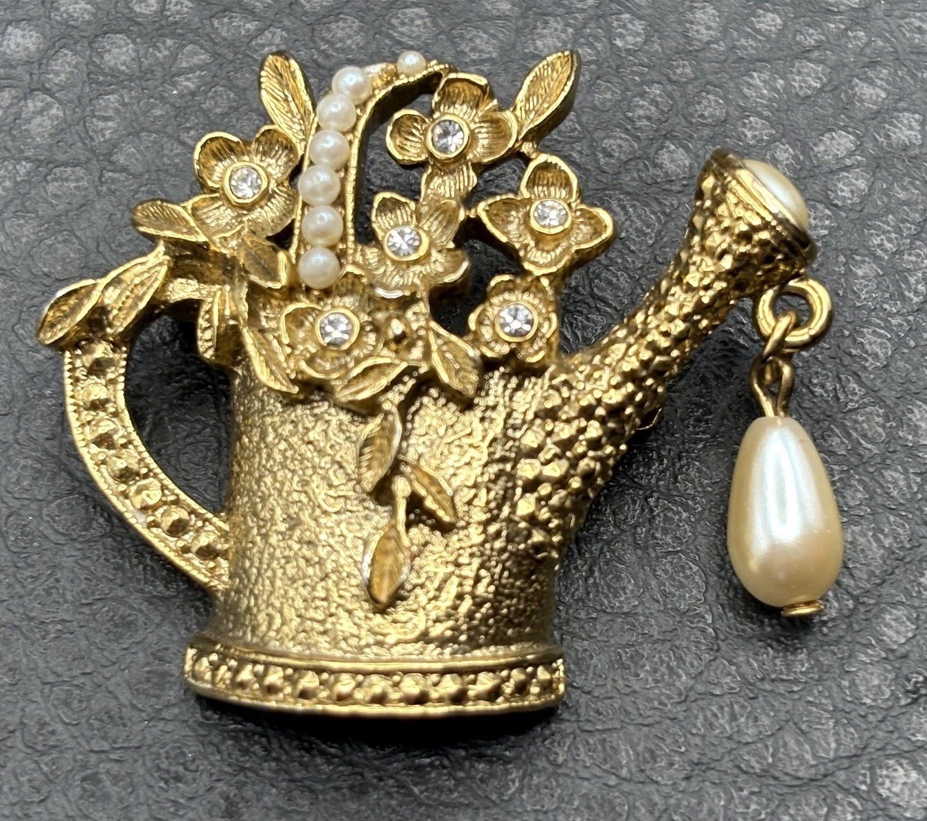 1928 Brand Gold Tone Faux Pearl Rhinestone Flower Watering Can Gardening Brooch