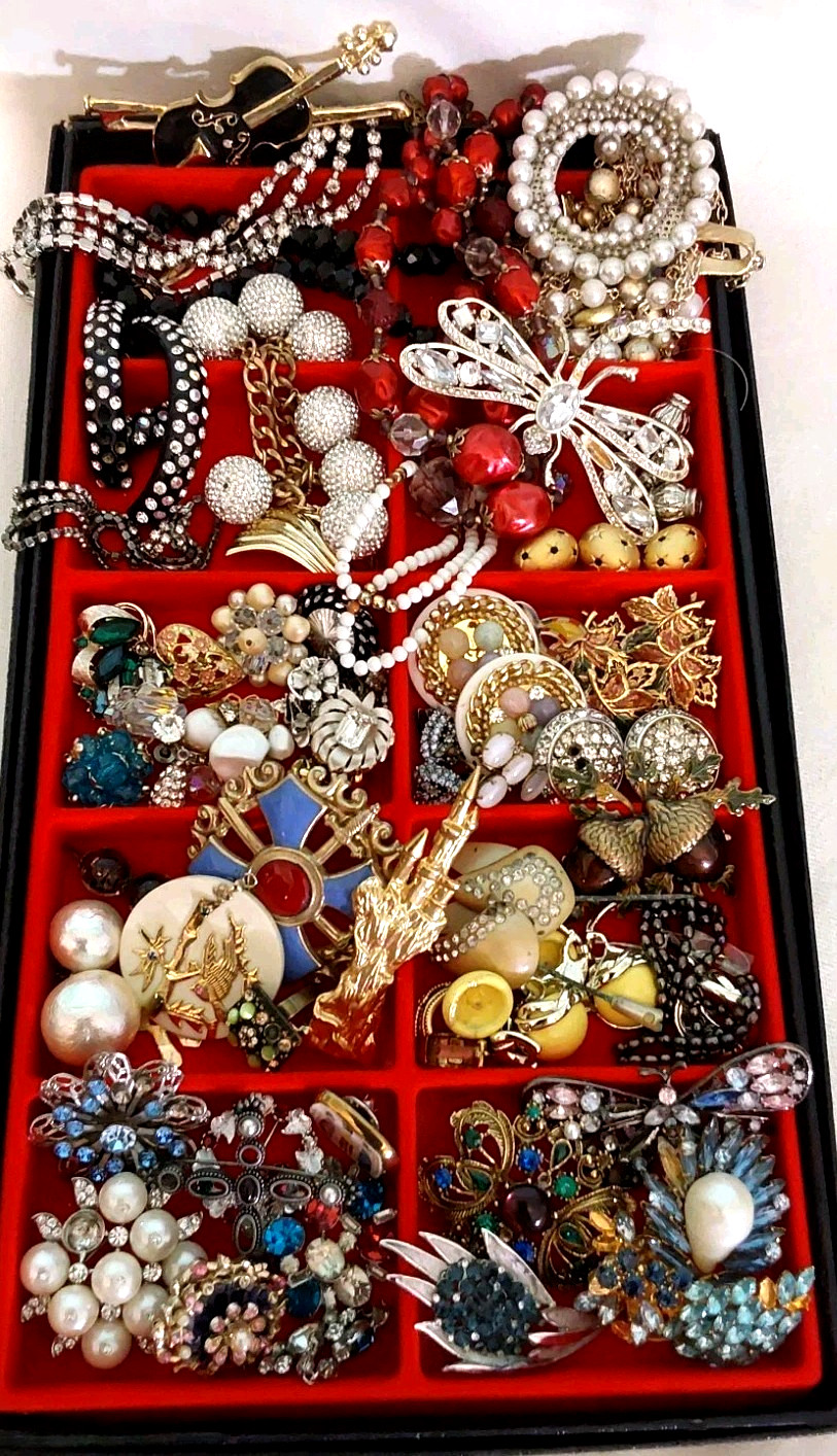 Vintage Rhinestone Necklace Brooch Earring Unique Mix Few Signed Repair Lot