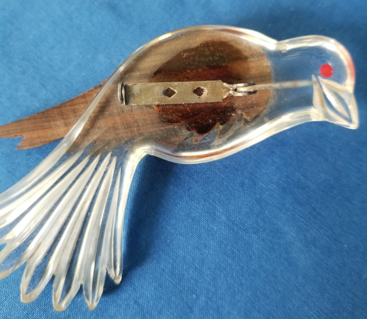 Vintage Lucite And Wood Carved Bird Pin Hawk Eagle 3 1/4″