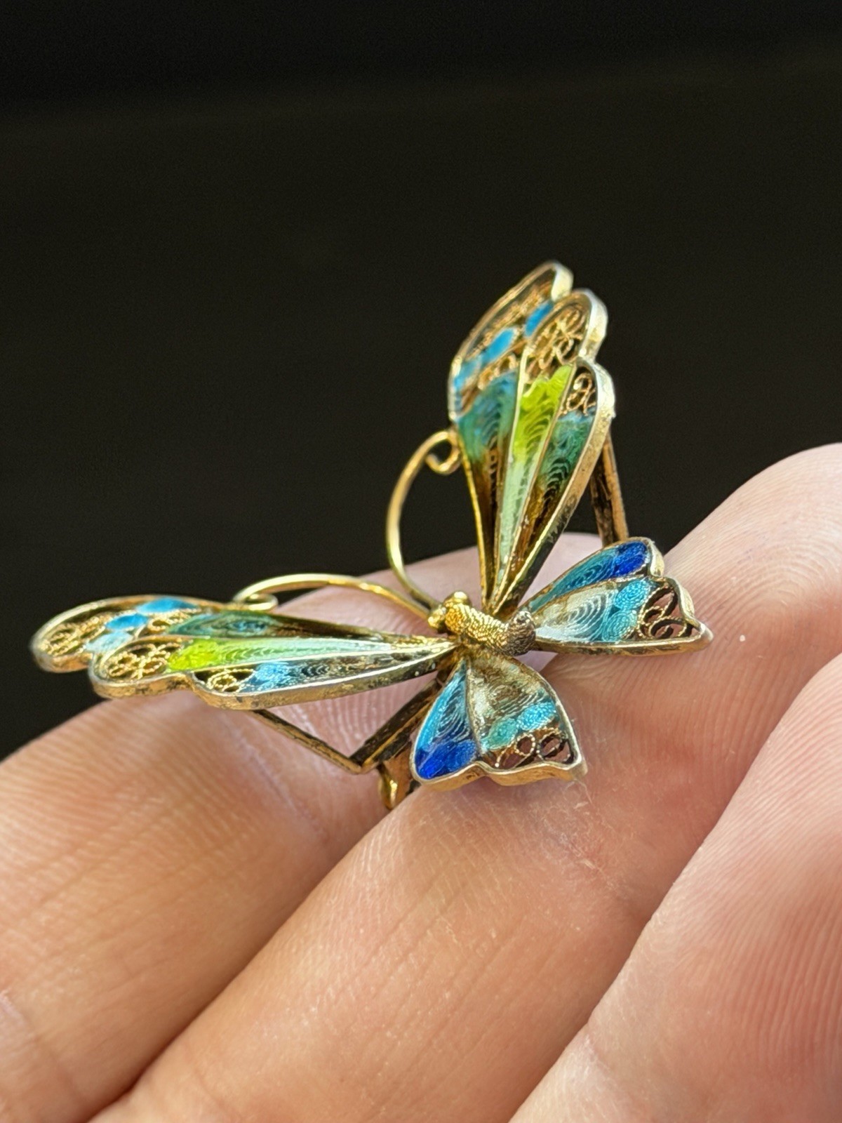 Vintage 800 FIne Silver Gold FInish Multi-Color Enamel Filigree Butterfly Brooch