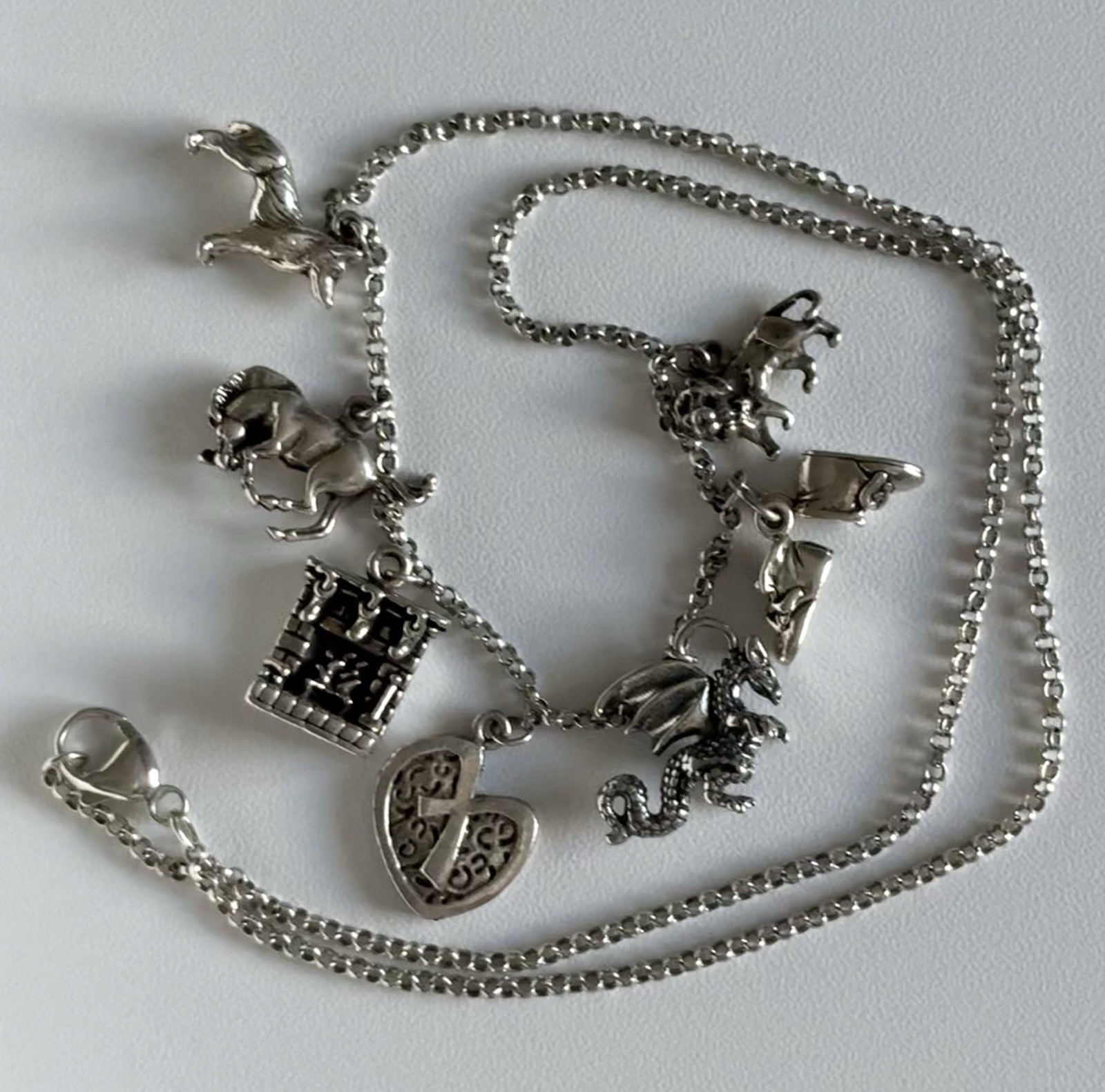 VTG Charm Necklace Sterling Silver 20” Rolo Chain 3D Assorted 7 Wolf Horse Lion