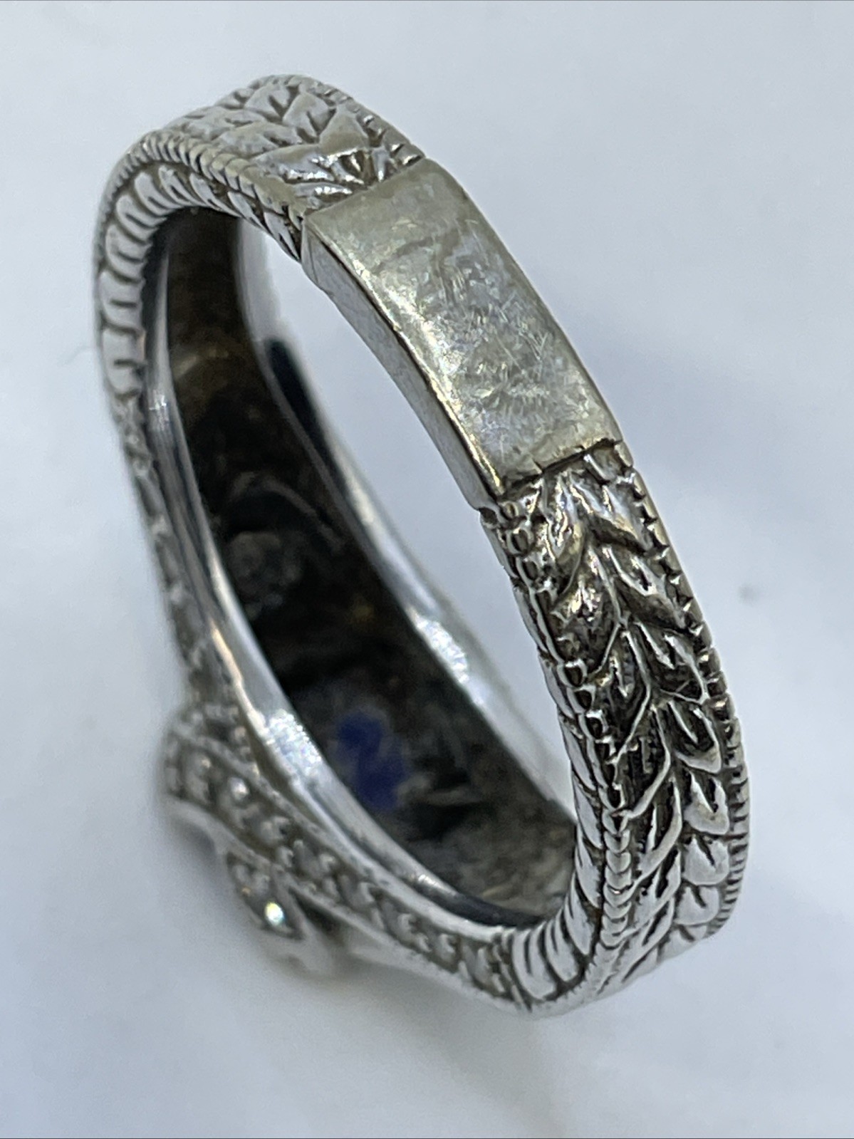Ladies Ring Solid 14K White Gold Cushion Blue Stone & Diamonds VINTAGE HANDMADE