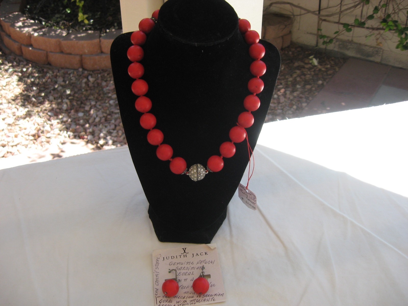 JUDITH JACK NEW NATURAL SARDINIAN 5/8″CORAL/STERLING/MARCASITE NECKLACE/EARRINGS