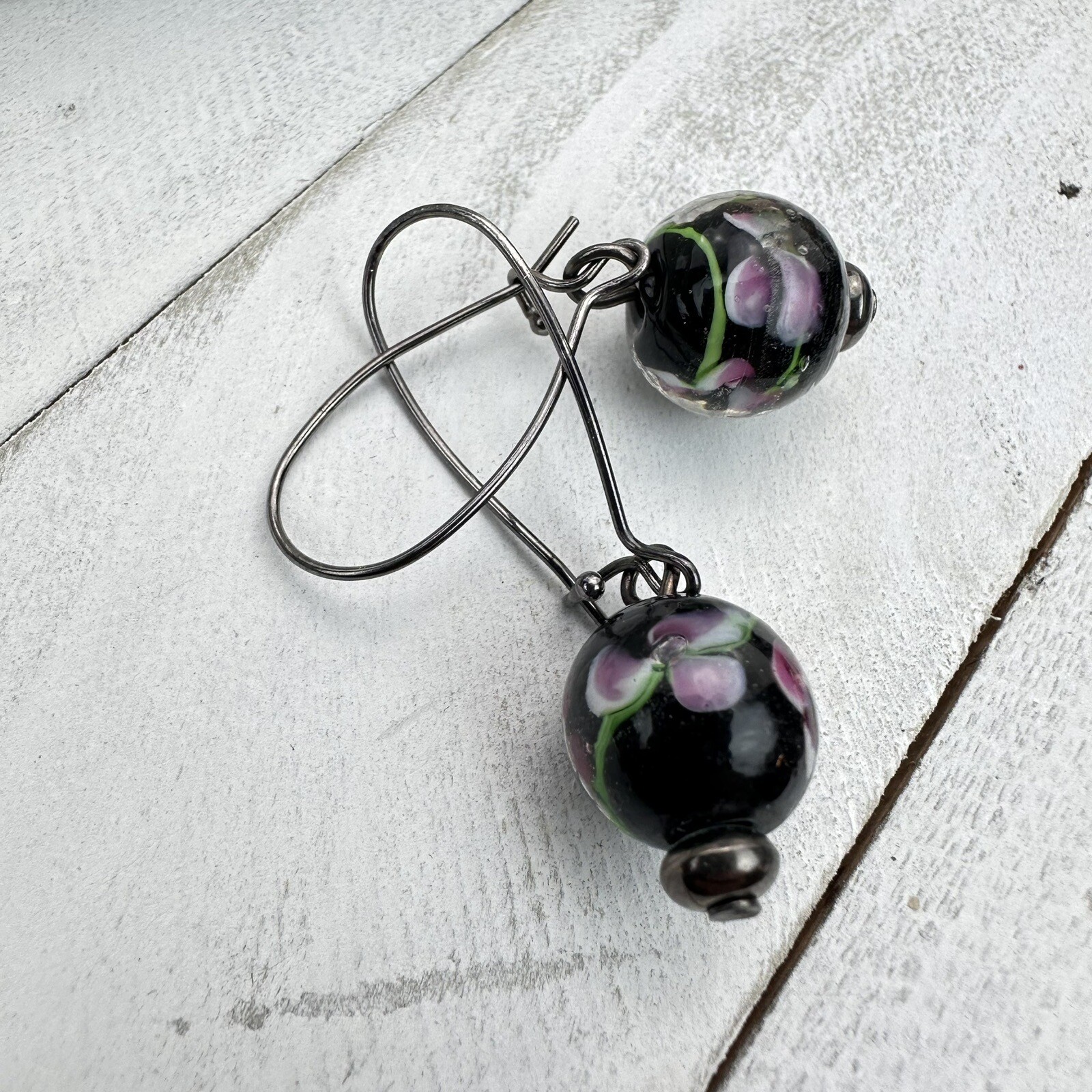 Vintage Venetian Murano Glass Black Flower Ball Dangle Earrings