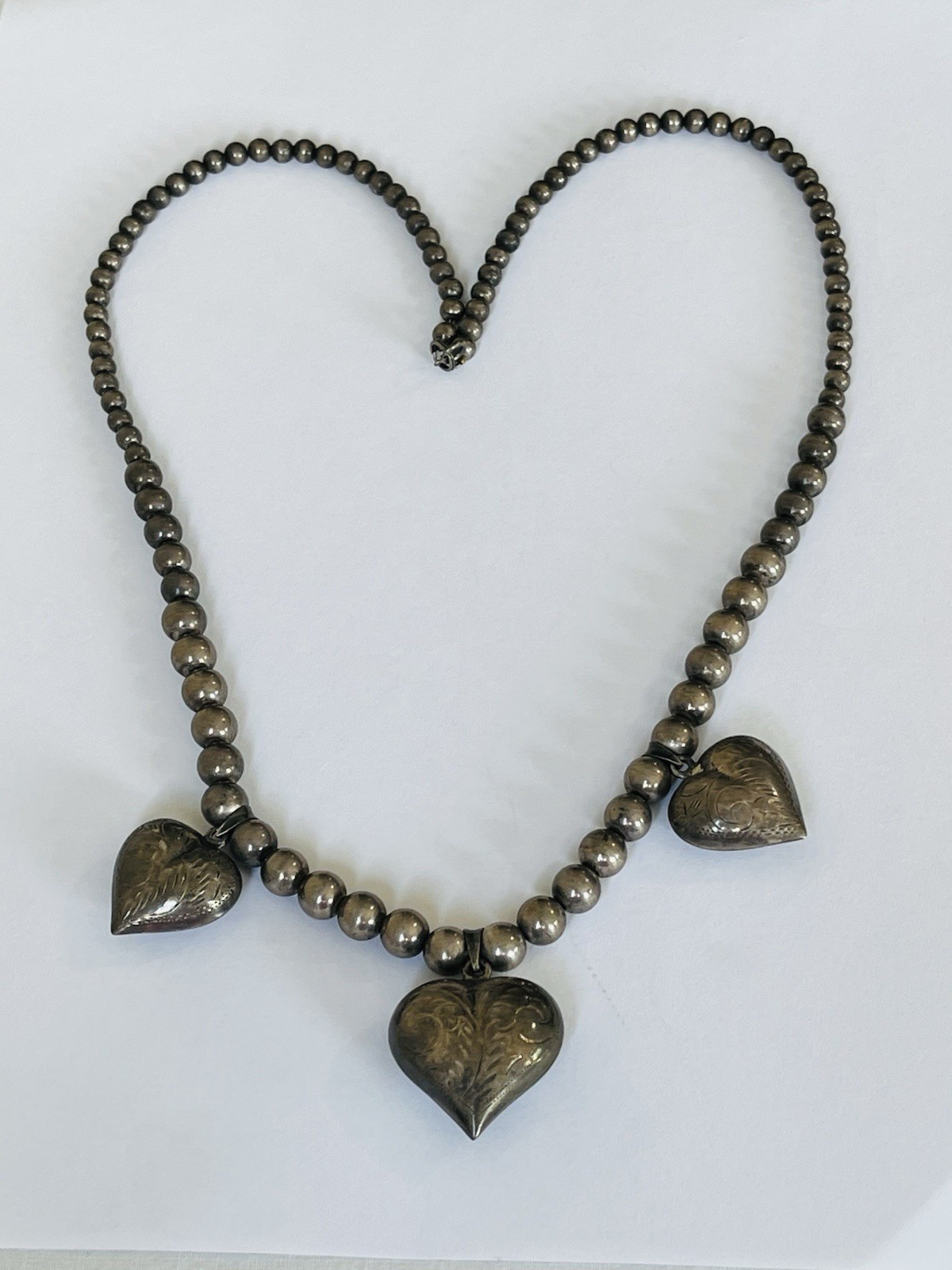 Vintage Sterling Silver Heart Charms Pendant 8MM Ball Bead Necklace 41-Grams