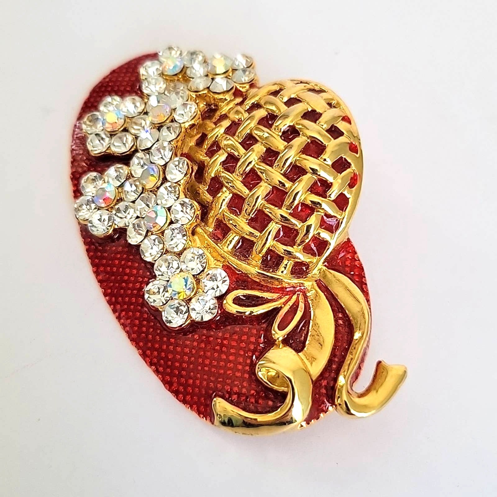 Vintage Brooch Red Enameled Hat Gold Tone Floral Rhinestone Cluster Grandmacore