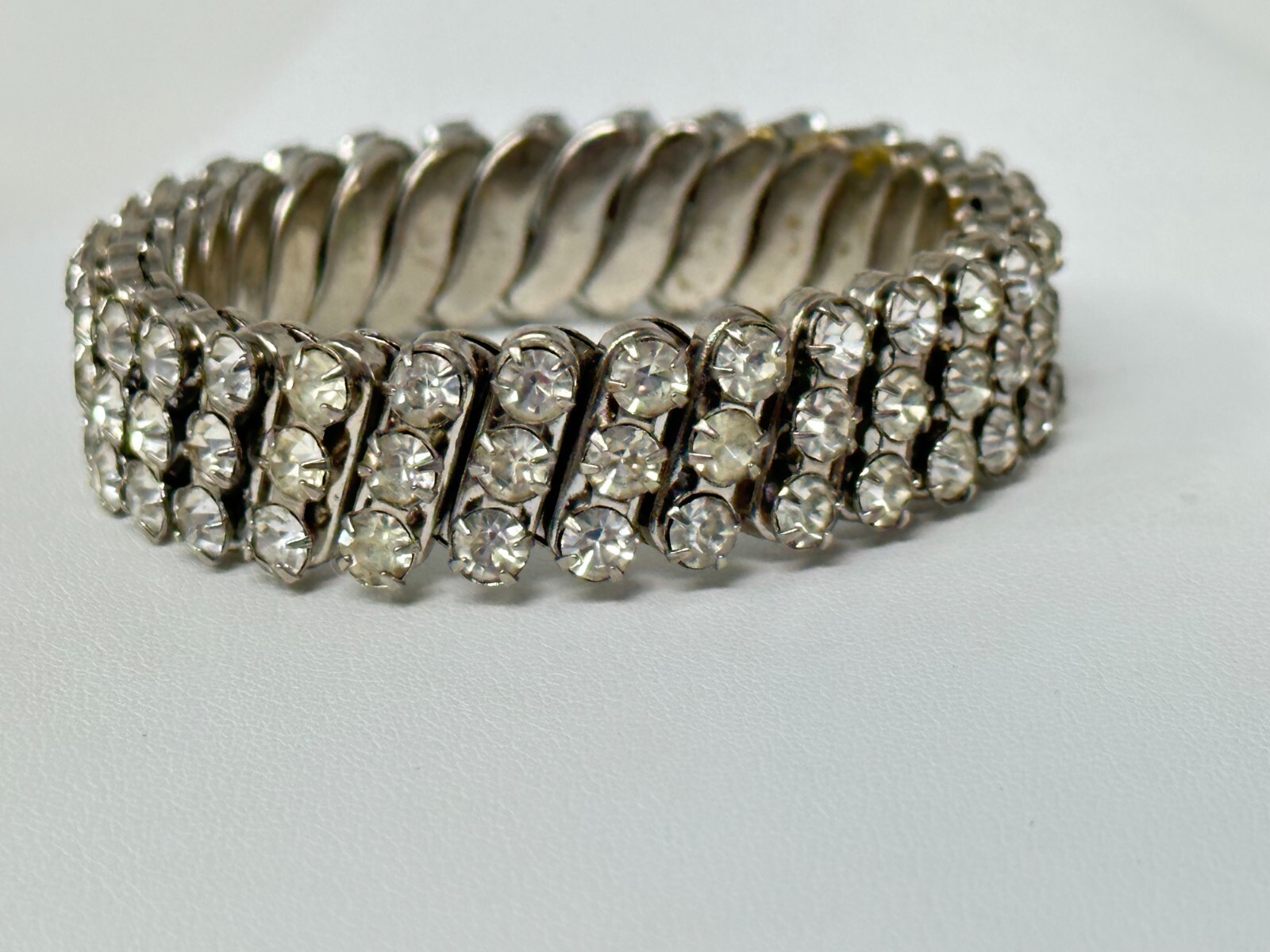 Vintage 3-Rows of Clear Rhinestones Watch Band 6″ Stretch Bracelet