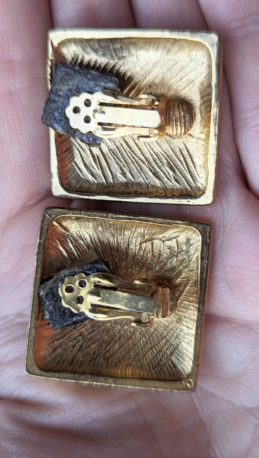 Vintage Large Square Cream Off White Blue Wave Swirl Enamel Clip Earrings Gold