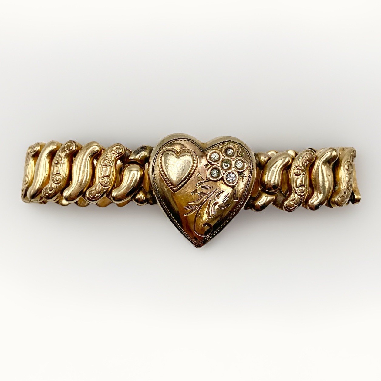 WWII Sweetheart Heart Expansion Bracelet Jewel Guild Gold Filled Rhinestone
