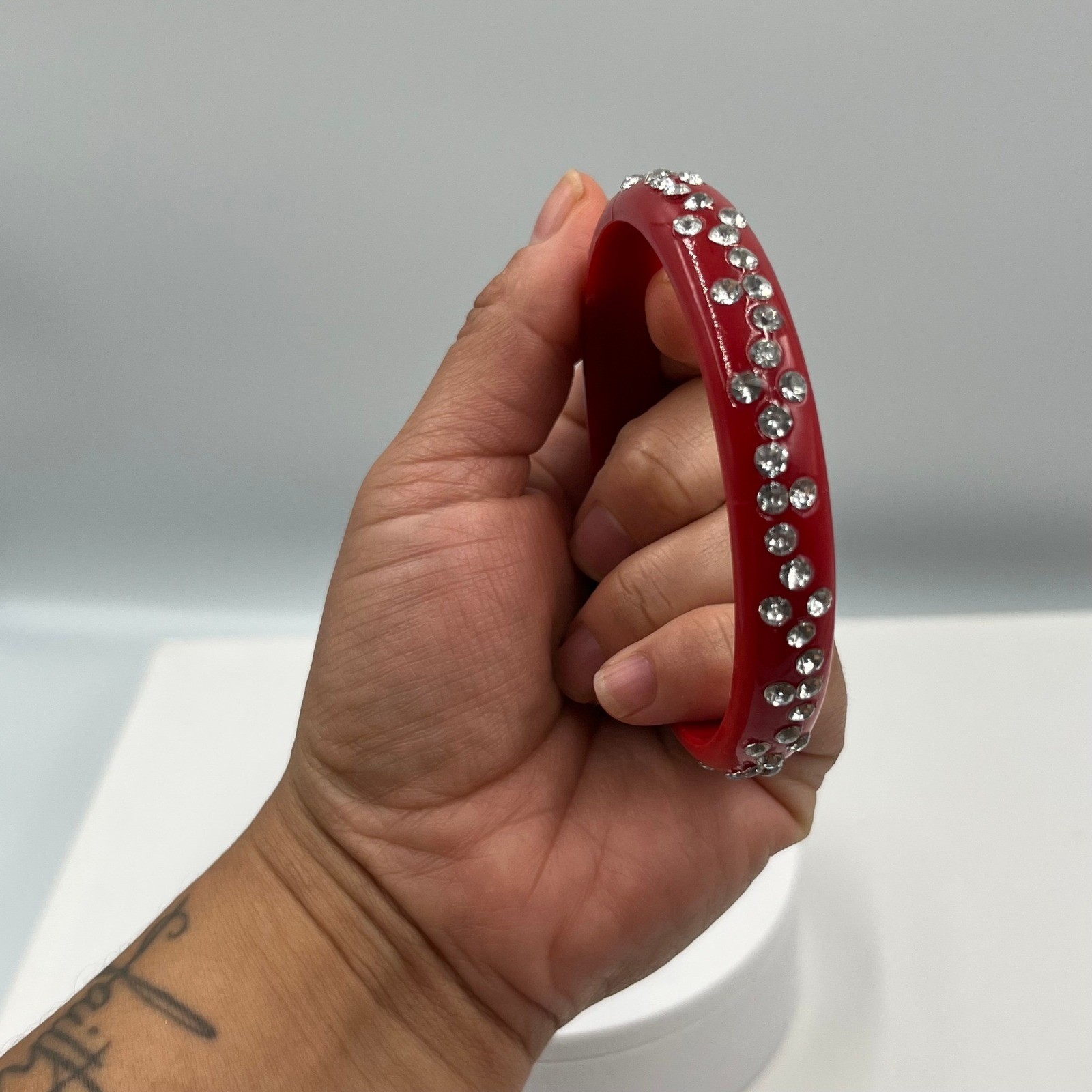 Vintage Red Lucite Style Rhinestone Bangle Bracelet Curved Accent Statement