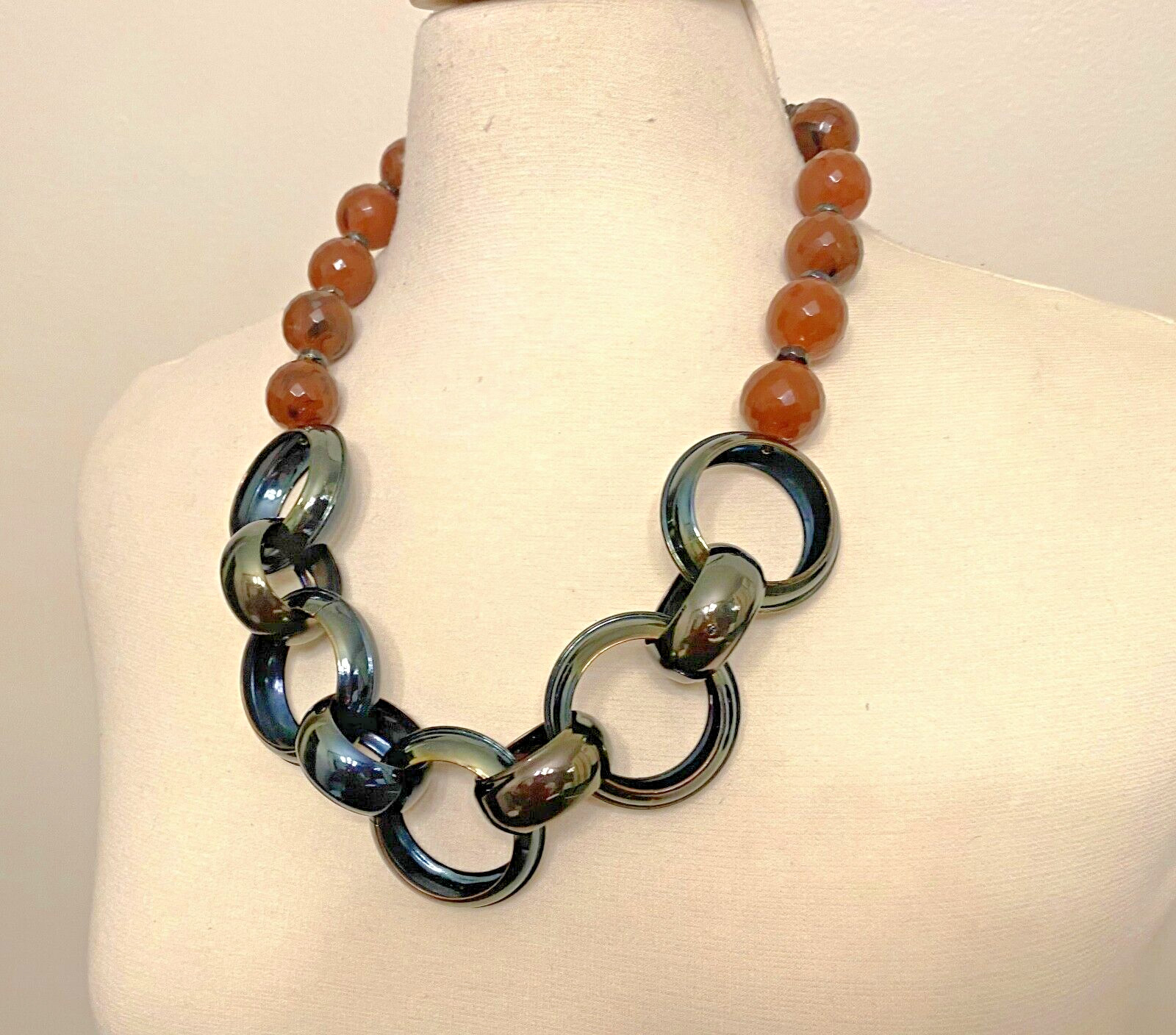 Vintage Brown Resin & Green Metal Chain Necklace