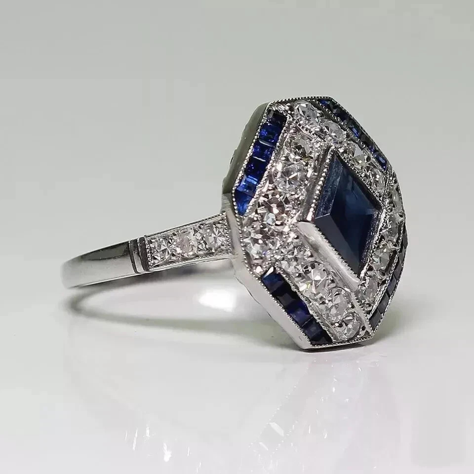 2Ct Art Deco Style Lab Created Sapphire & Diamond Wedding 14K White Gold FN Ring