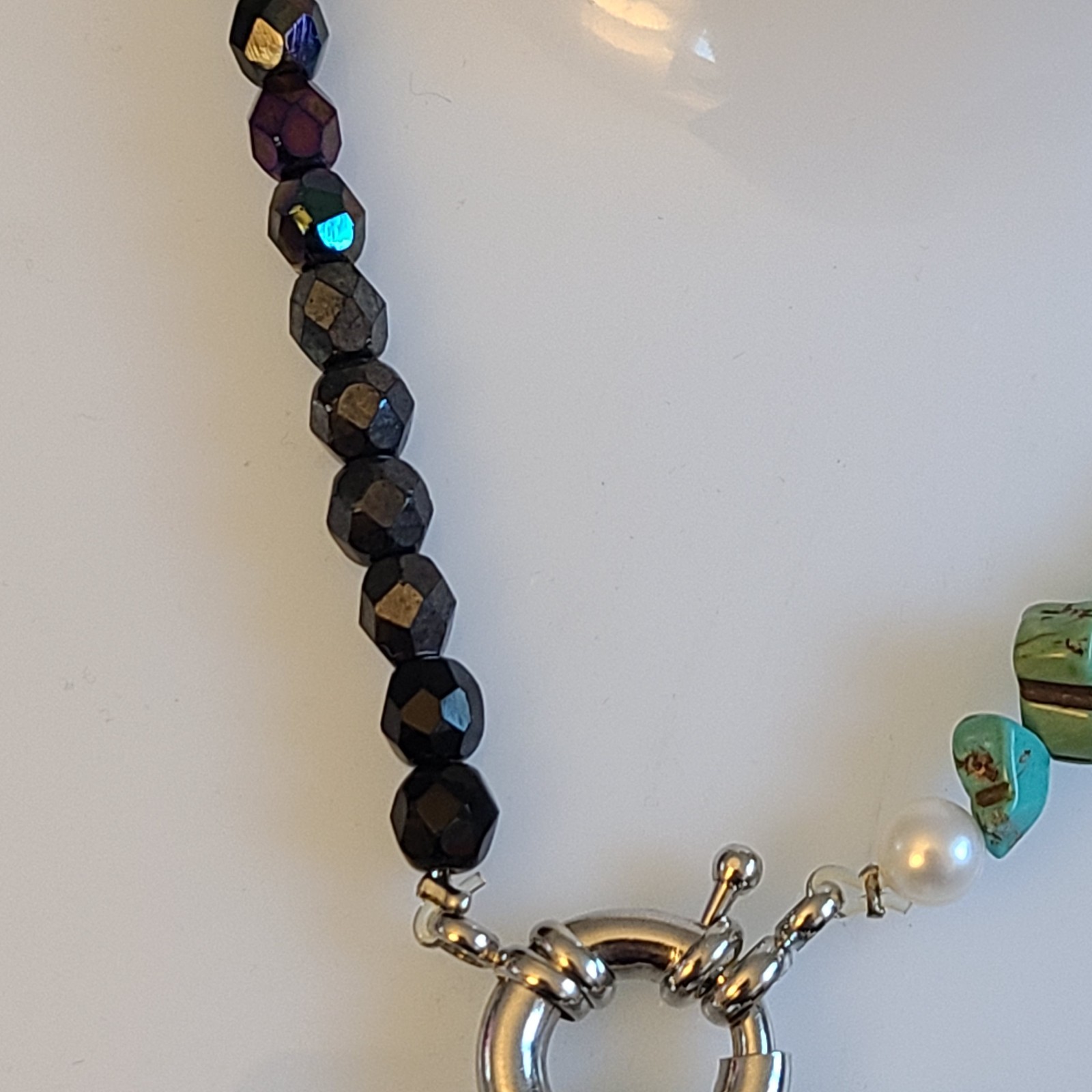 14″ Artisan Necklace – Genuine Turquoise Nuggets & Fire-Polished AB Glass Beads