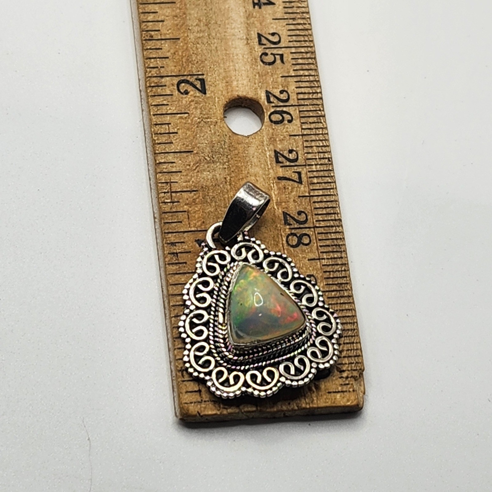 Vintage 925 Sterling Silver Ethiopian Opal Trillion Filigree Pendant