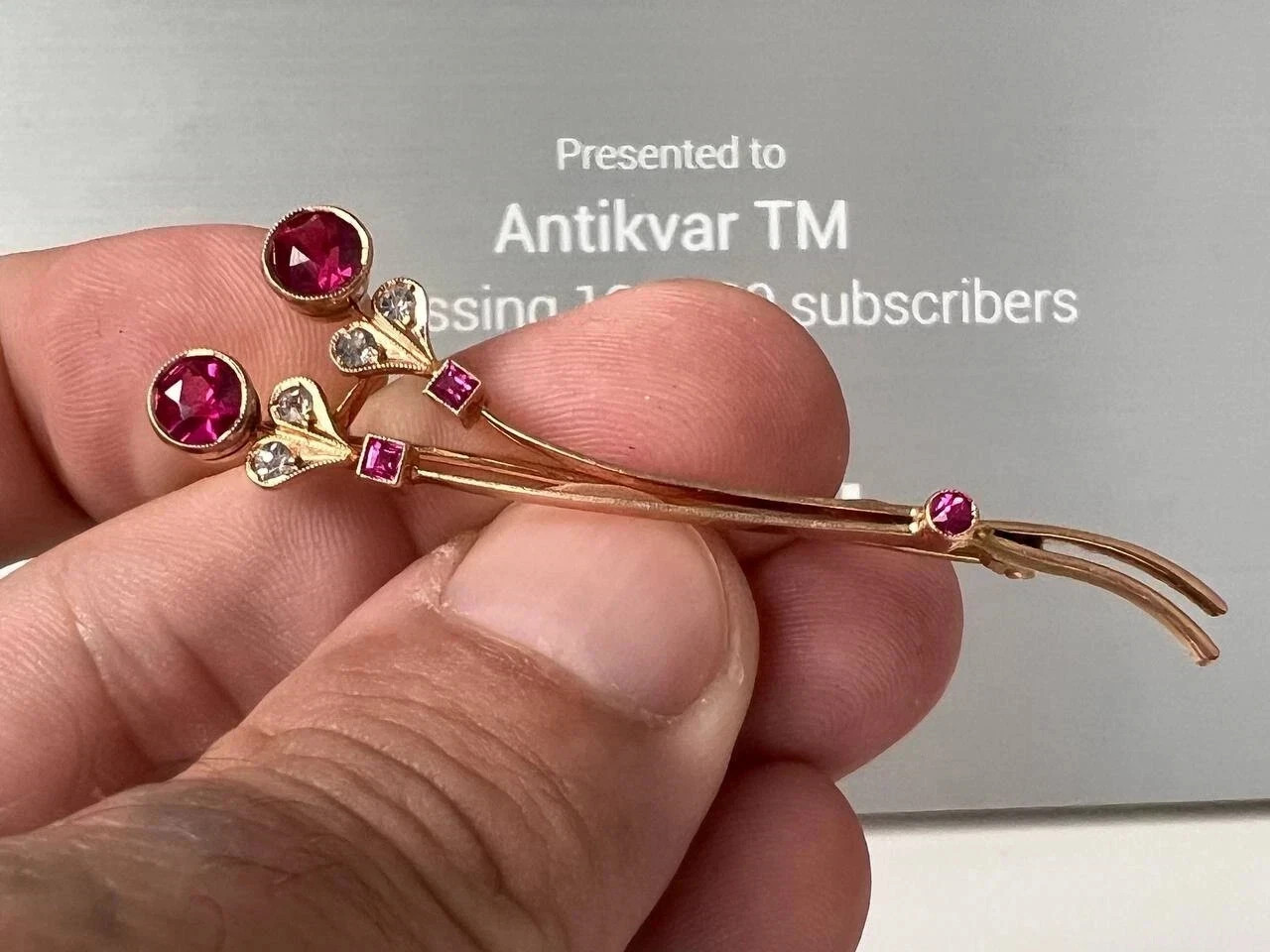 Vintage Soviet Solid Rose Gold Ruby Brooch 583 14K USSR Original 4.28 g