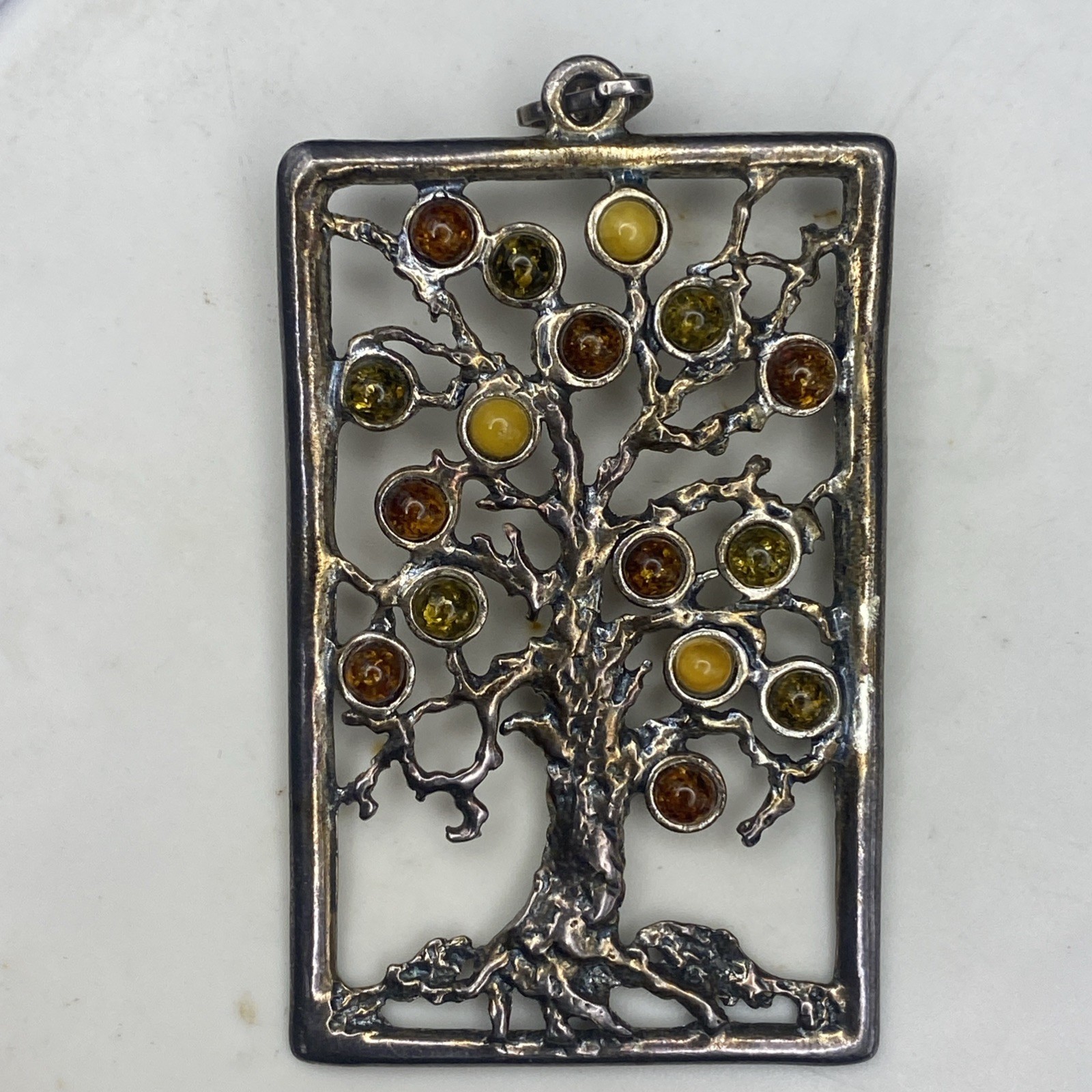 Large 2.5” 925 Sterling Silver Genuine Baltic Amber Tree of Life Pendant Vintage