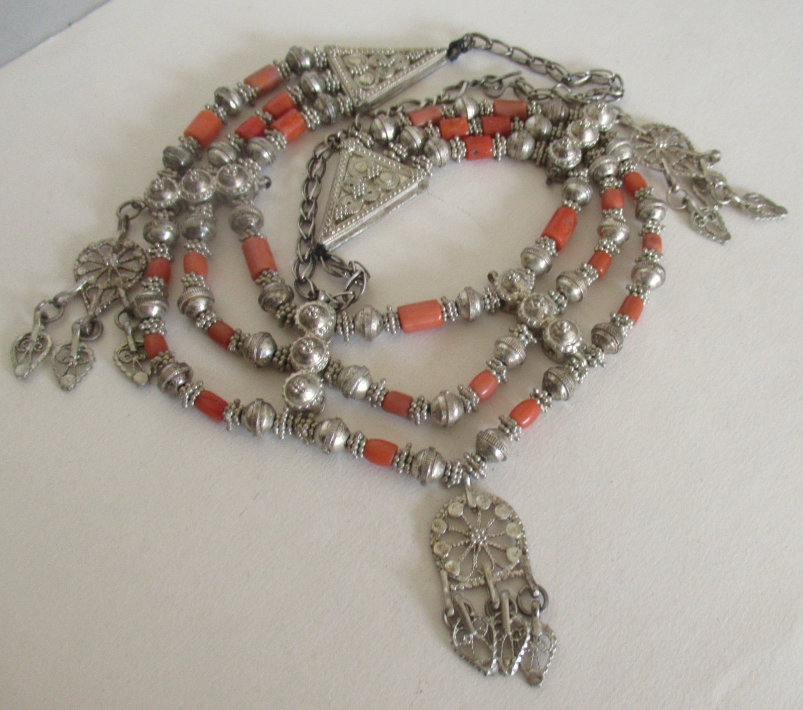 HUGE STATEMENT STERLING FESTOON NECKLACE w CORAL, 19 INCHES, 88 GRAMS, YEMENITE?