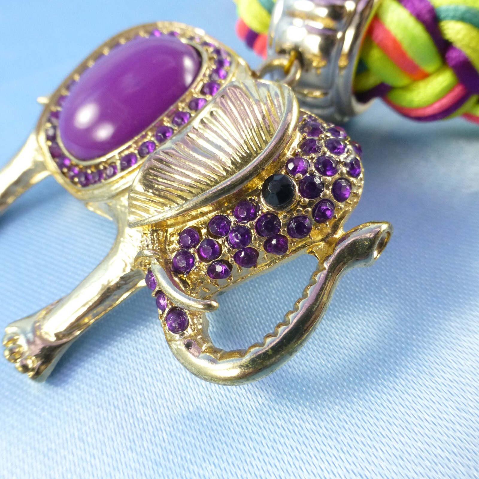 Braided Multi-color Collar Necklace & Elephant Pendant & Purple Rhinestones
