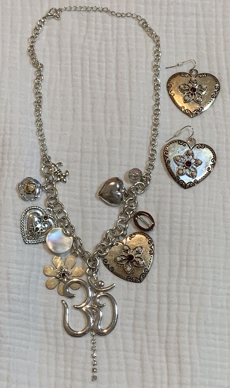 Vintage Silver Charm Necklace Earrings Set Hearts Flowers Beads Boho Cottagecore