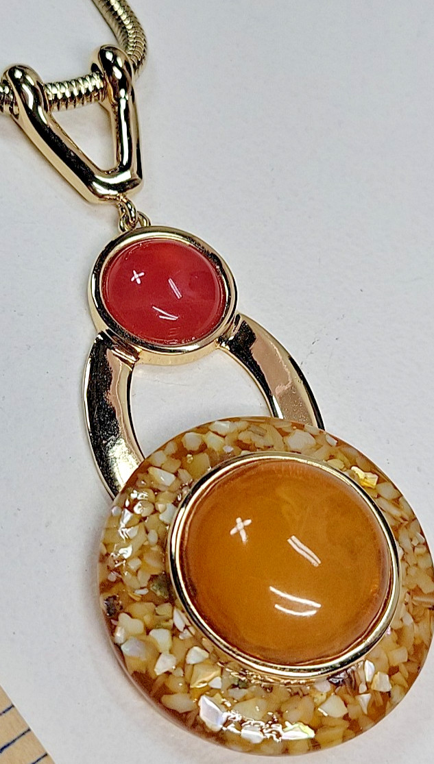 Chico’s Gold Tone Statement Necklace Pink, Orange, Lucite Cream Pendant 16″
