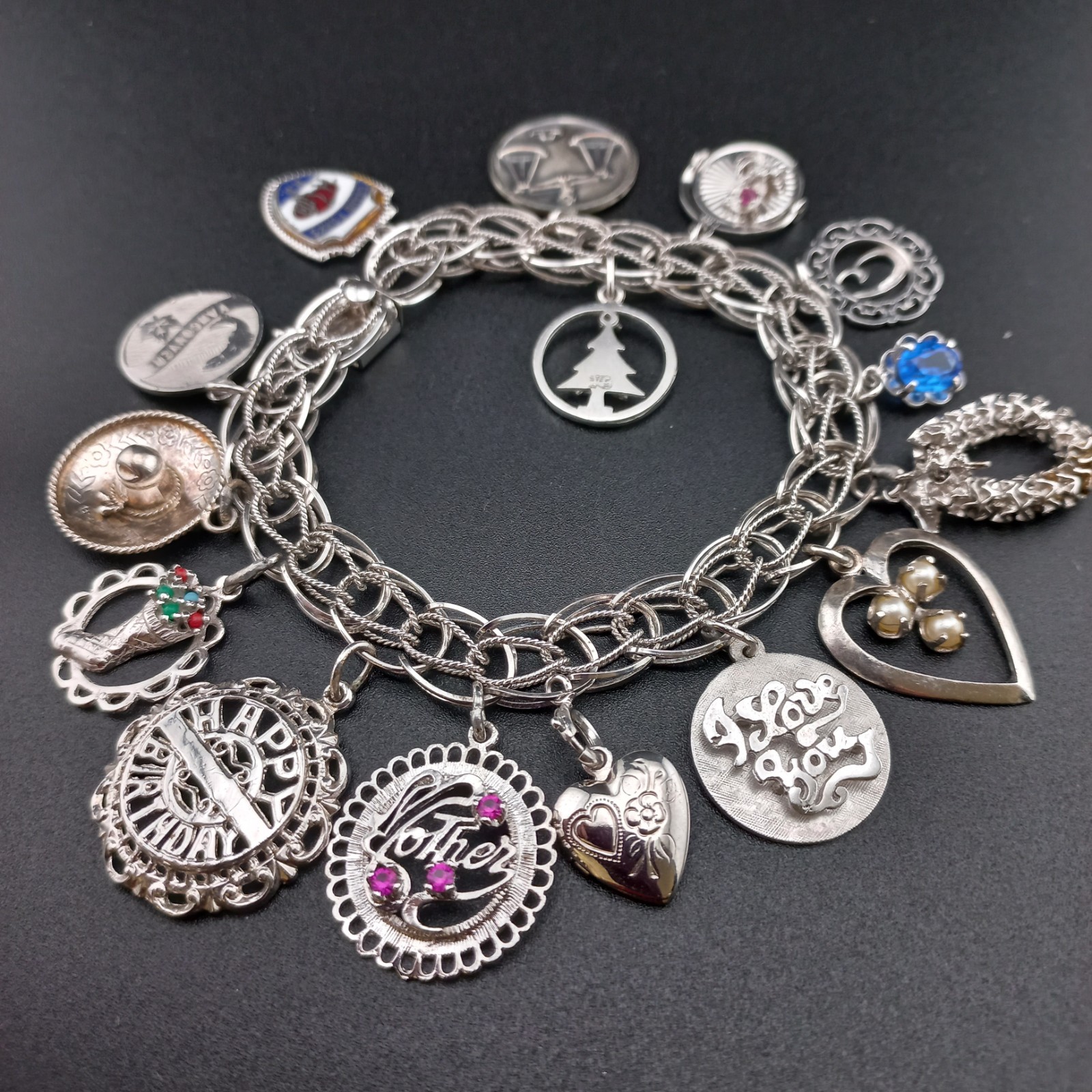 VTG Sterling Silver Charm Bracelet 44g 15 Charms Loaded Mother Travel 925 Heavy