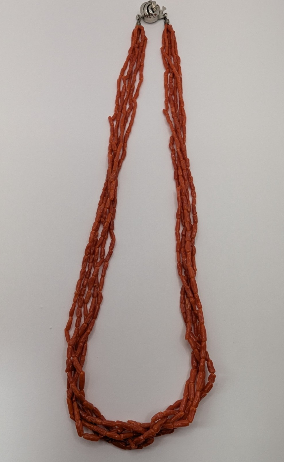 Coral Necklace 5 Strand Vintage Undyed Natural Red Coral Small Tube Beads 16.2gm