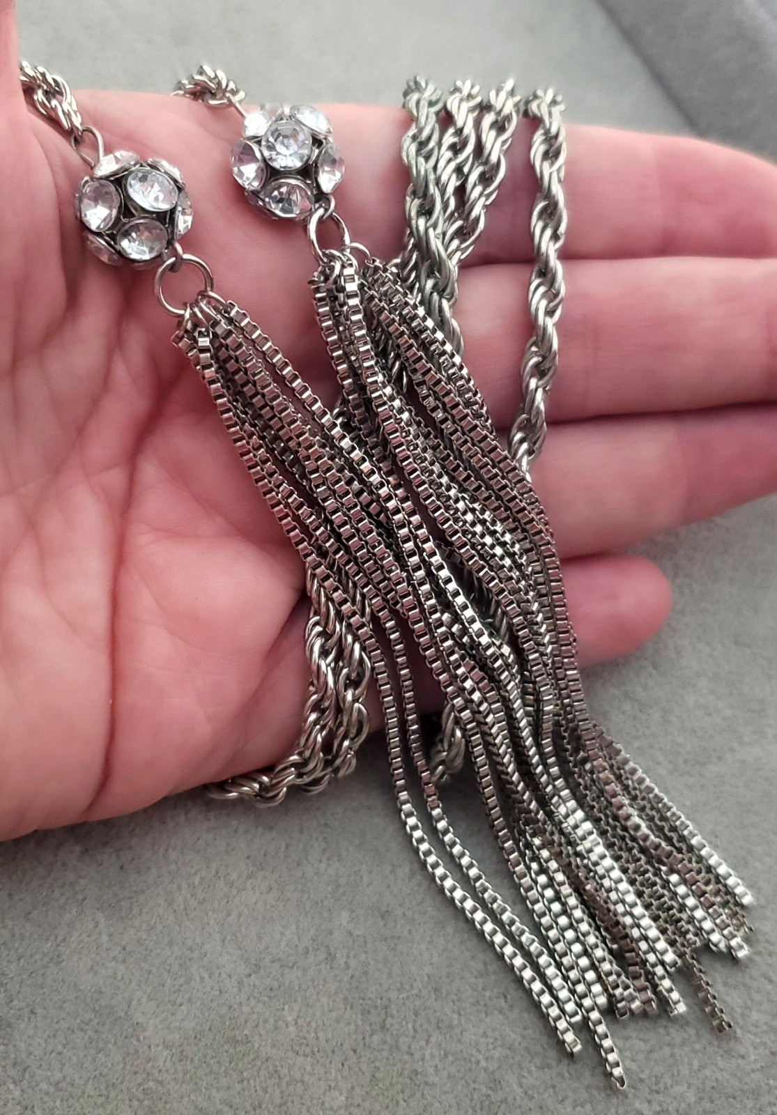 Vintage Rhinestone 5″ Tassel Runway Lariat Tie Wrap 48″ Rope Chain Necklace Belt