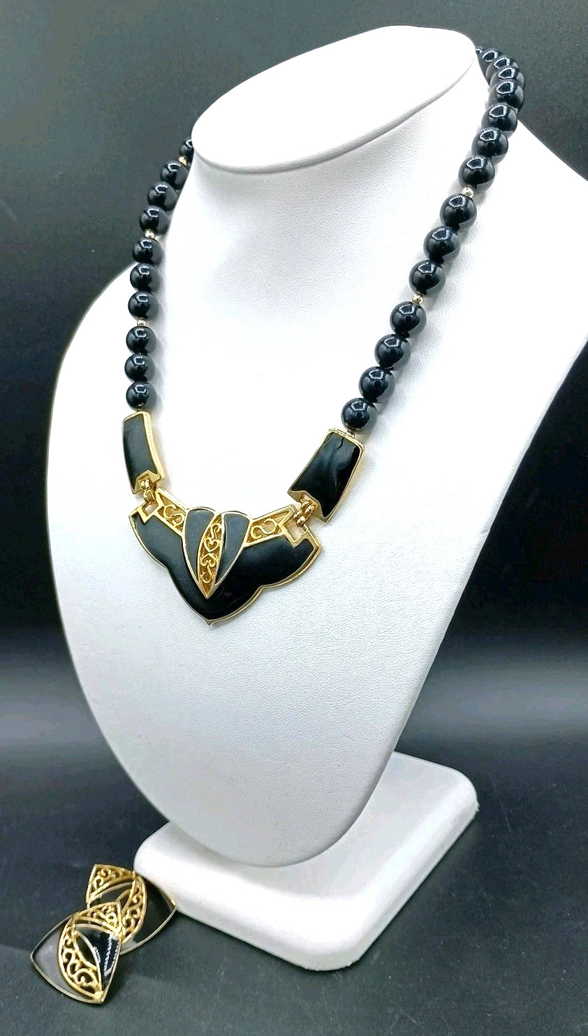 Vintage Egyptian Revival Bib Necklace Stud Earring Set Black Beaded Gold Tone