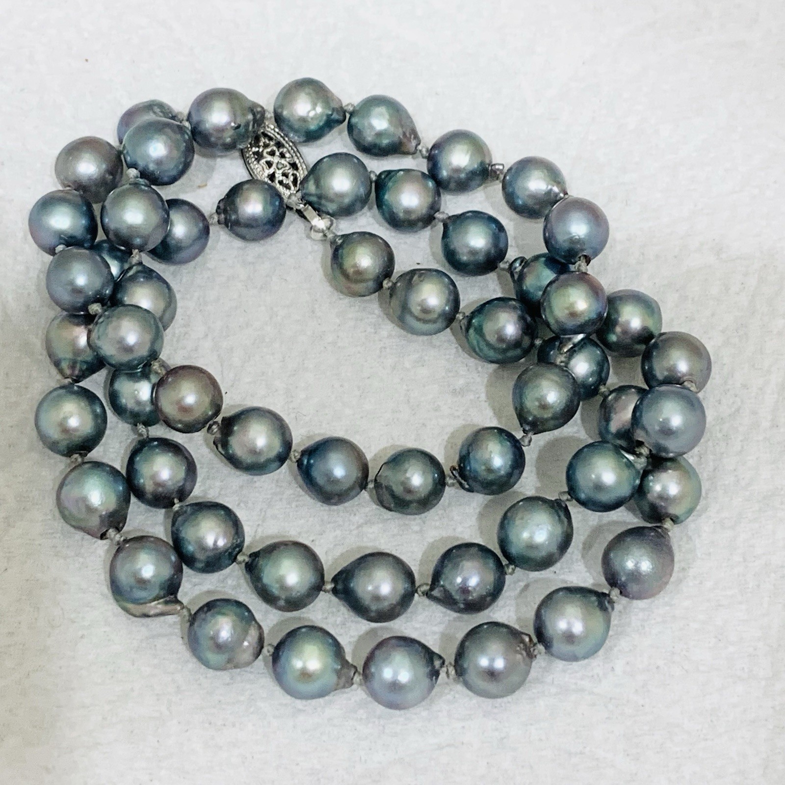 VTG BLUE AKOYA PEARL Necklace SET 10k WG 7mm Baroque Saltwater Pin 3″ SILVER 19″