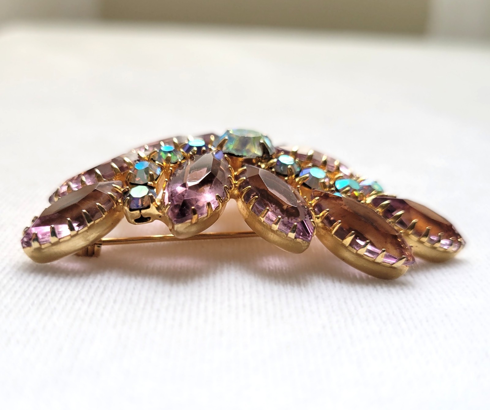 Vintage Lavender Navette Rhinestone Floral Spray Brooch AB Gold Tone 1960s