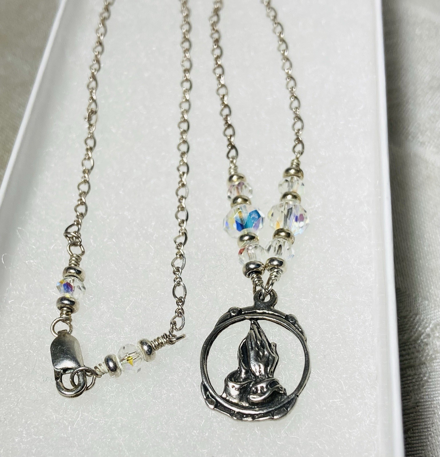 Vintage 925 Sterling Silver Praying Hands Necklace Aurora Crystal Beads 16”