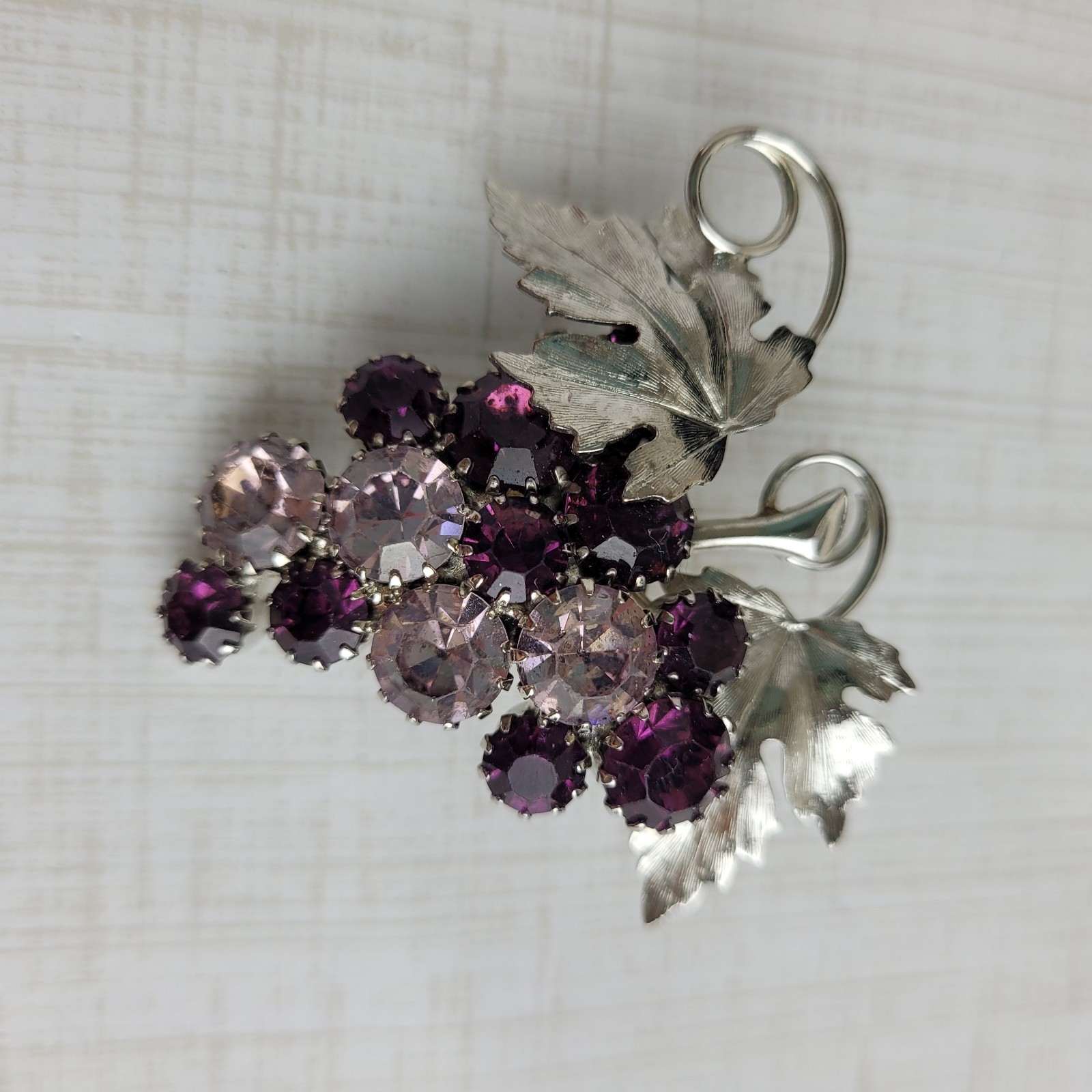 Shades of Purple Rhinestone Grape Cluster Brooch Silver Tone