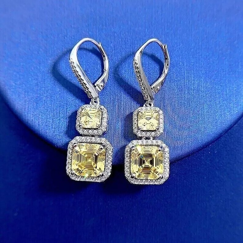 Asscher Cut Citrine Lab Created Diamond Special Engagement 925 Silver Earrings