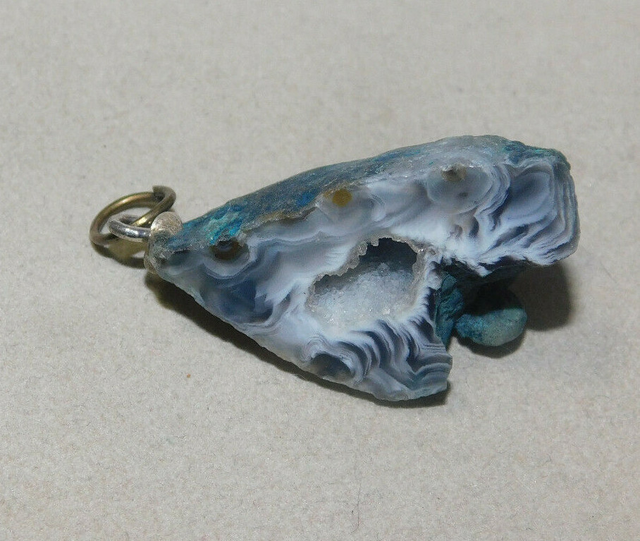 Blue Banded Agate Geode Druzy Quartz stone Pendant 2h 75