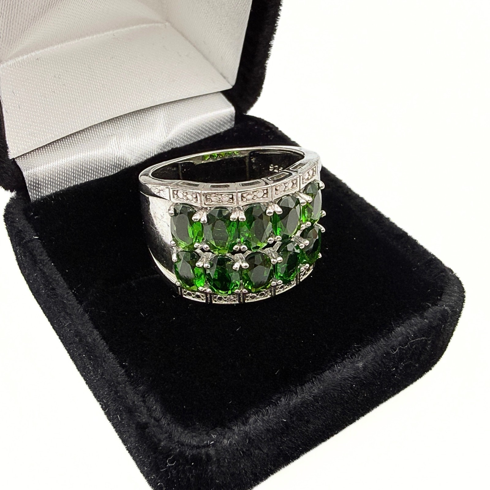Marked DK Sterling Silver Double Row Diopside Green Iolite CZ Ring Sz 9.75