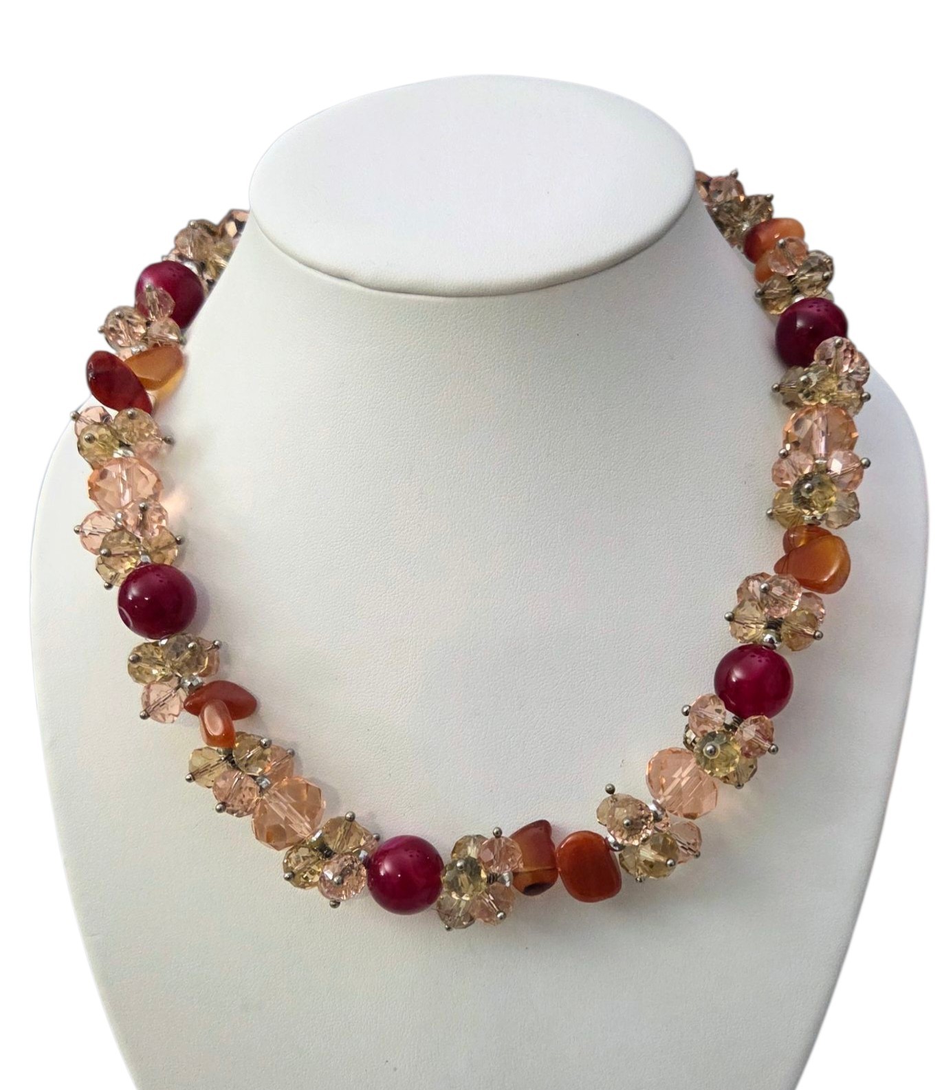 Glass Crystal Faceted Clusters Beaded 18″ Choker Necklace Champagne Pink Beads