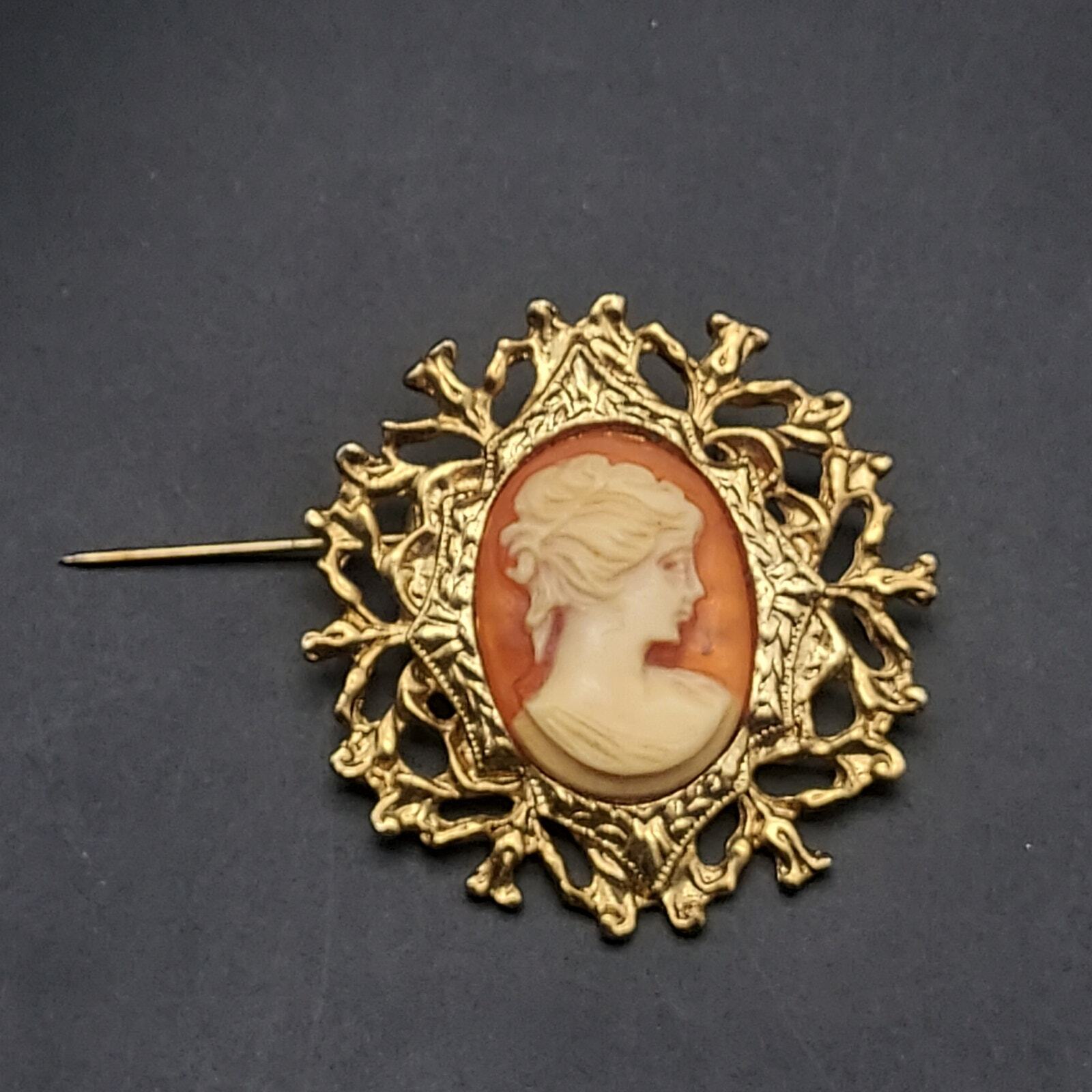 Vintage Cameo Brooch Orange Cream Gold Tone Lady HEad Portrait
