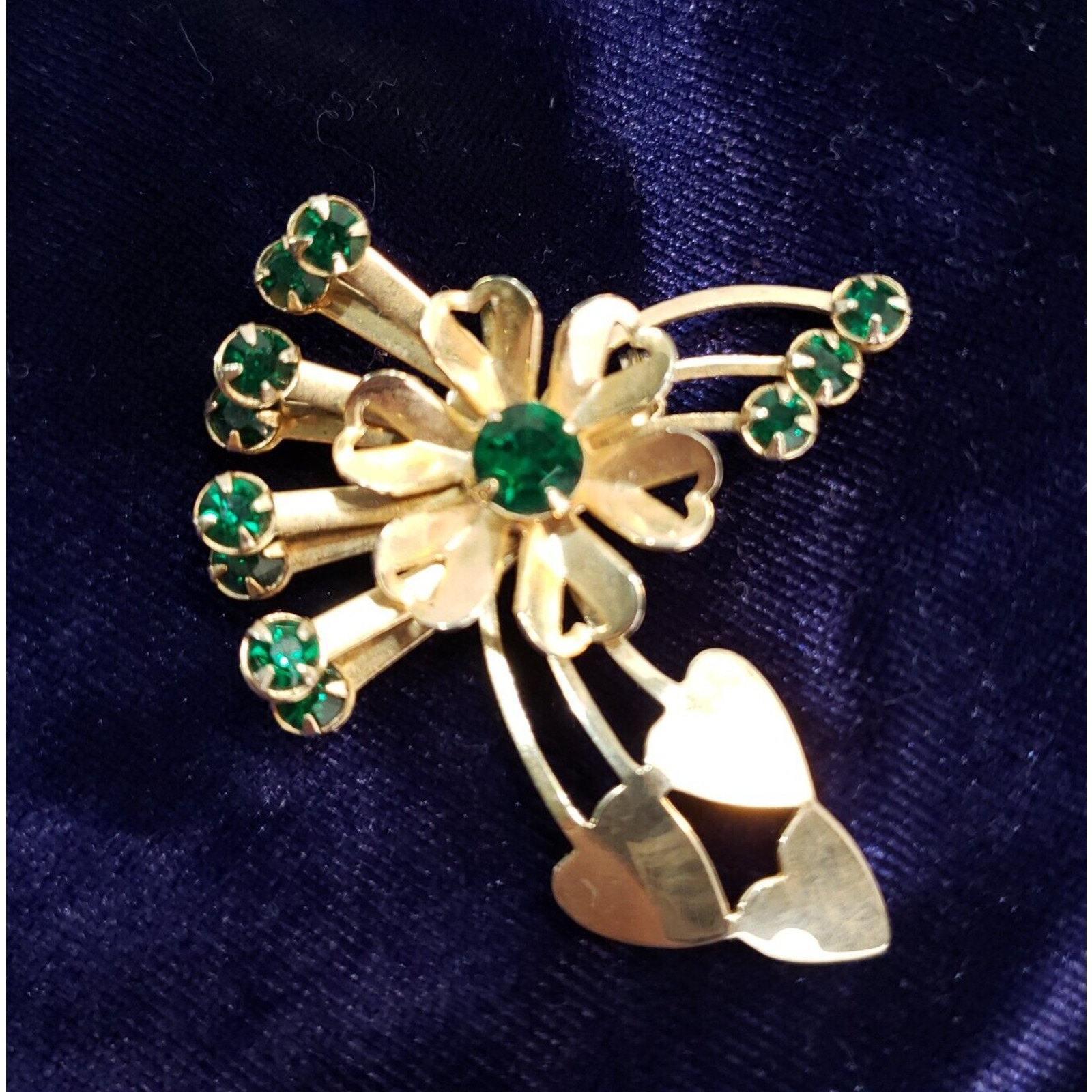 Vintage Green Rhinestone and Gold Tone Pin Brooch Pendant Flower and Hearts
