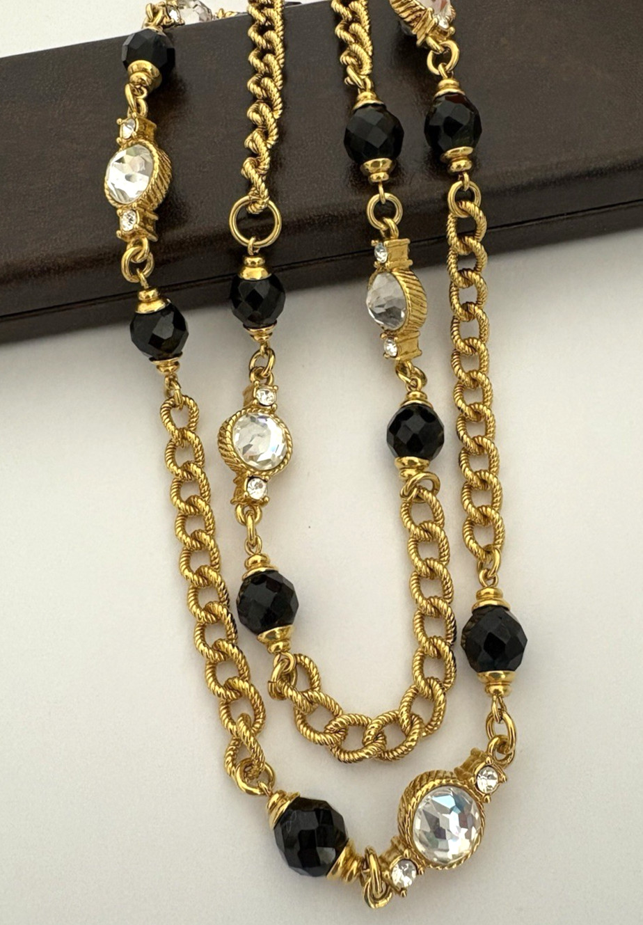 Vintage St. John Necklace Thick Textured Gold Tone Chain Black Clear Glass Beads