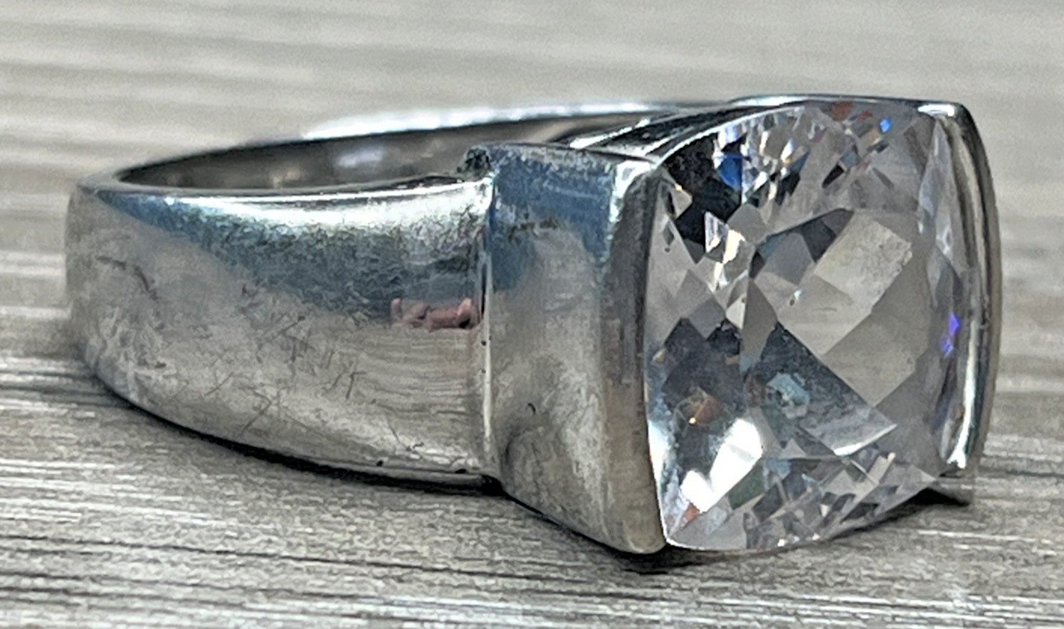 Big Large Clear CZ Cushion Cut Solitaire Vintage CI Sterling 925 Wide Ring SZ 8