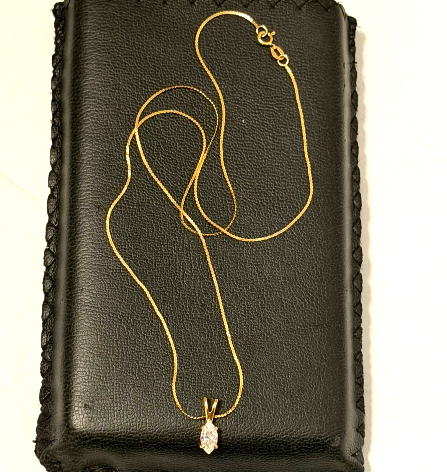 Vintage 14KT Gold Chain Genuine CZ Marquise Pendant Necklace Box Orig CZ Papers!
