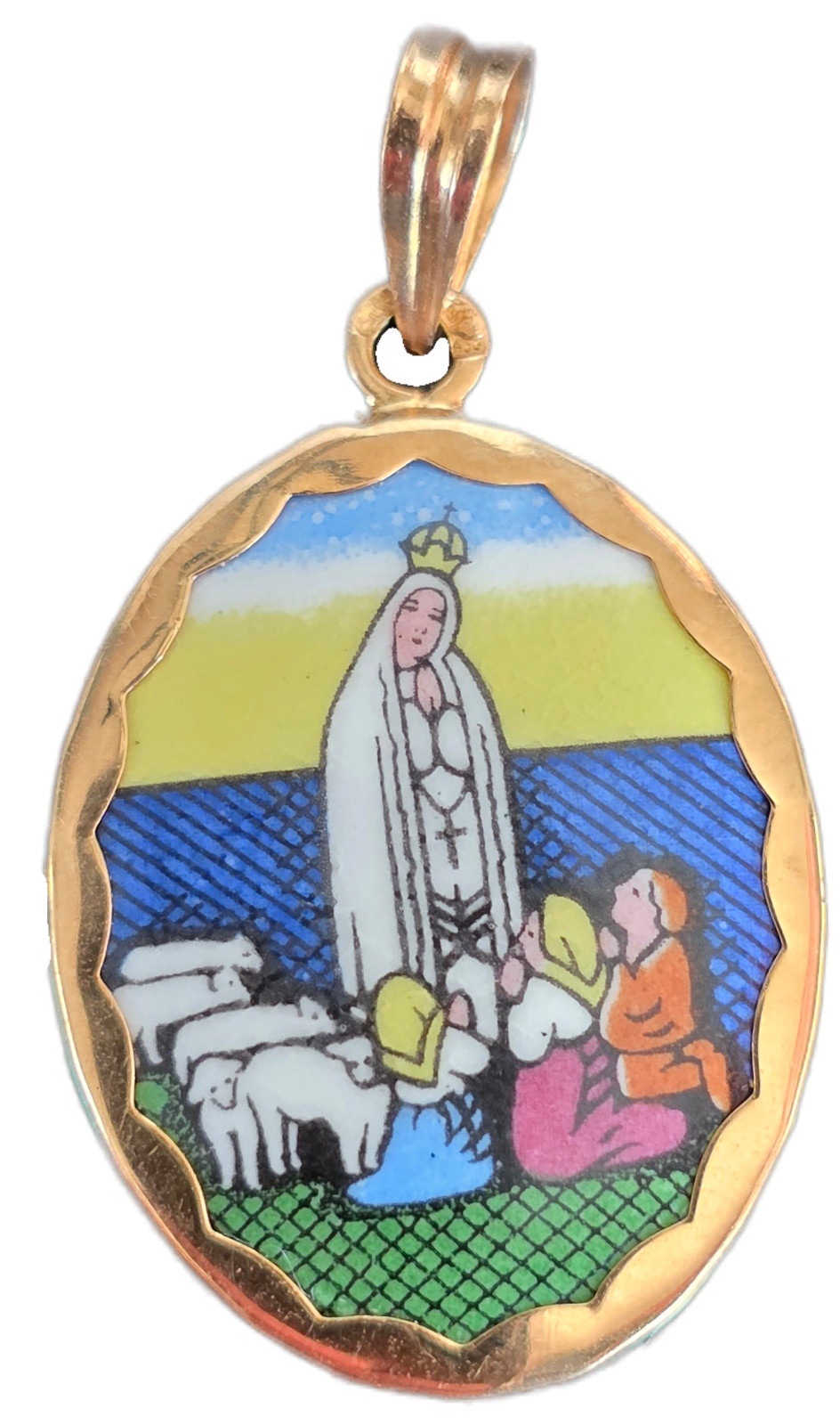 Antique Enameled Gold Medal Virgin Mary Madonna Pendant – 18K Gold