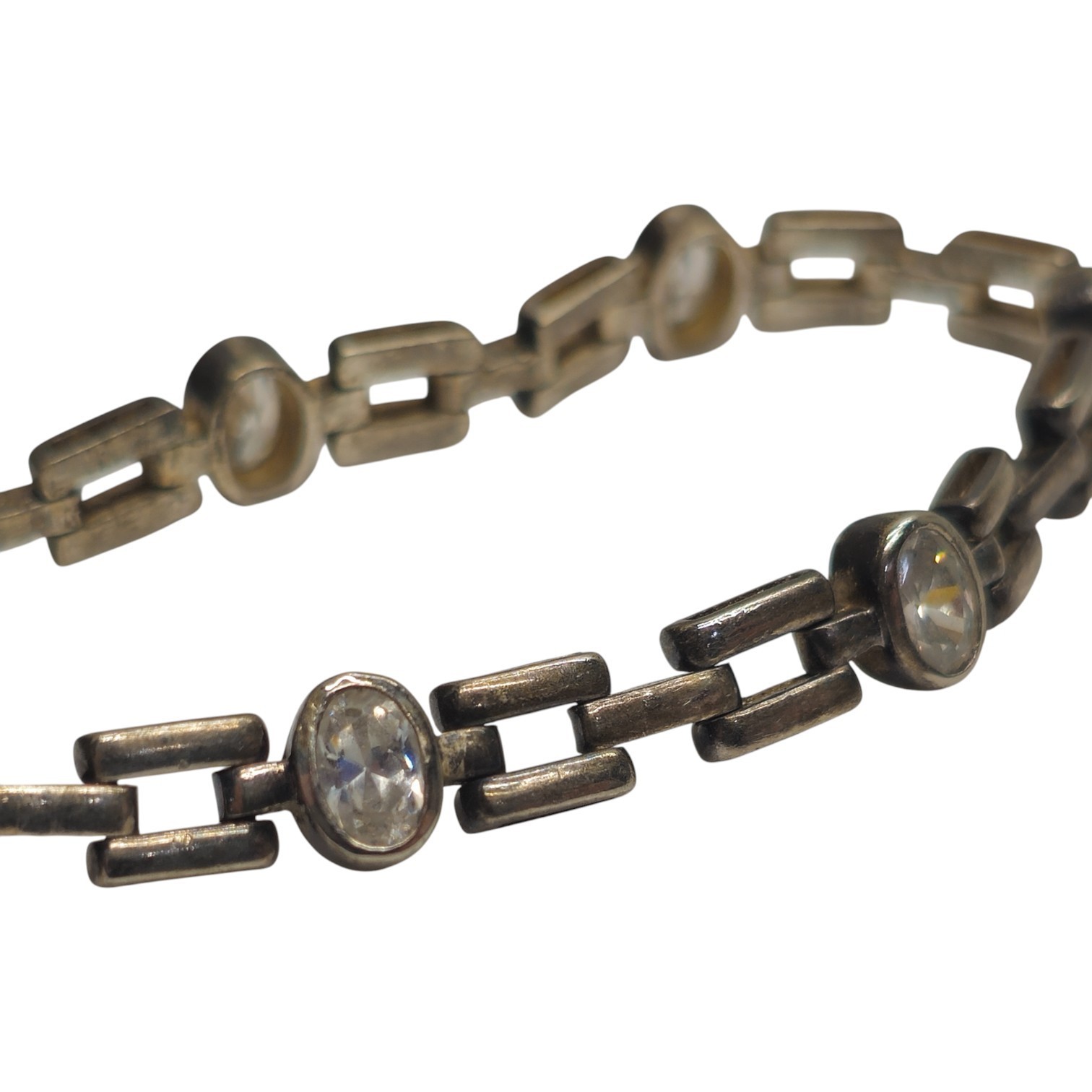 DBJ 925 Sterling Silver Bracelet 6.75in Clear Gem Stations 14.74g Vintage Retro
