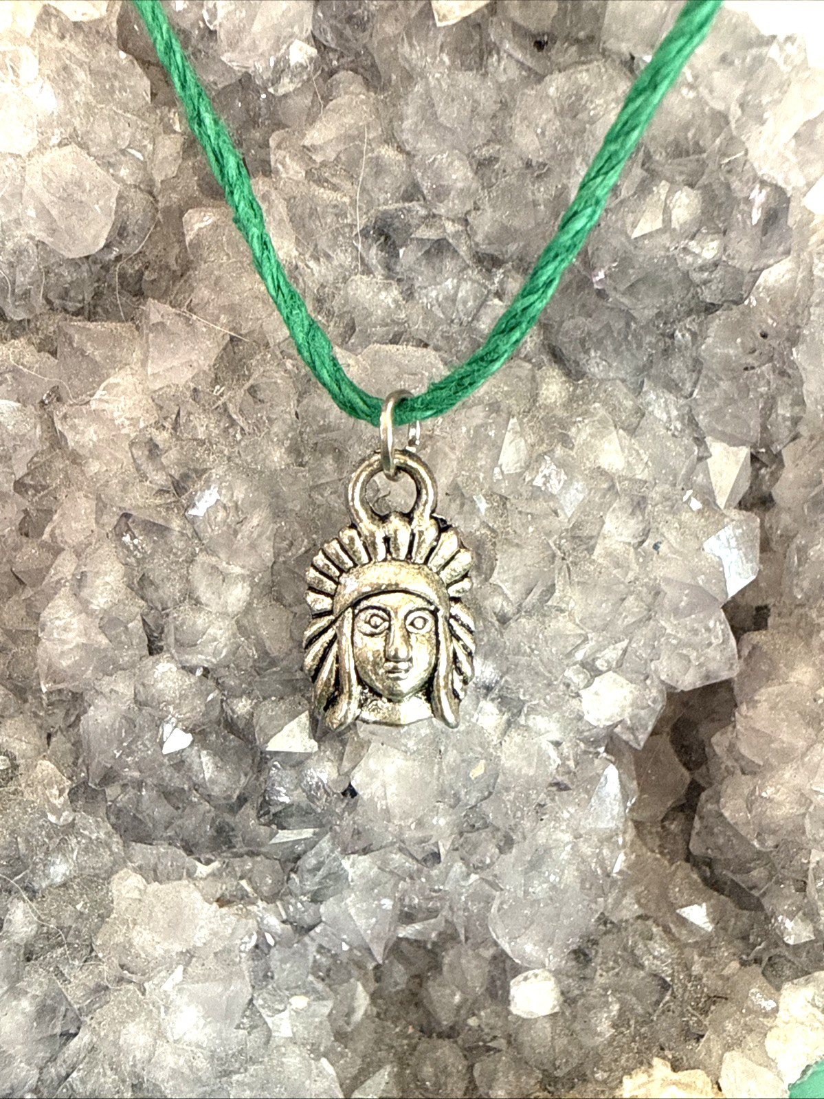 NATIVE AMERICAN INDIAN CHARM Dainty Green Hemp Cord Boho Tibetan Silver Tone