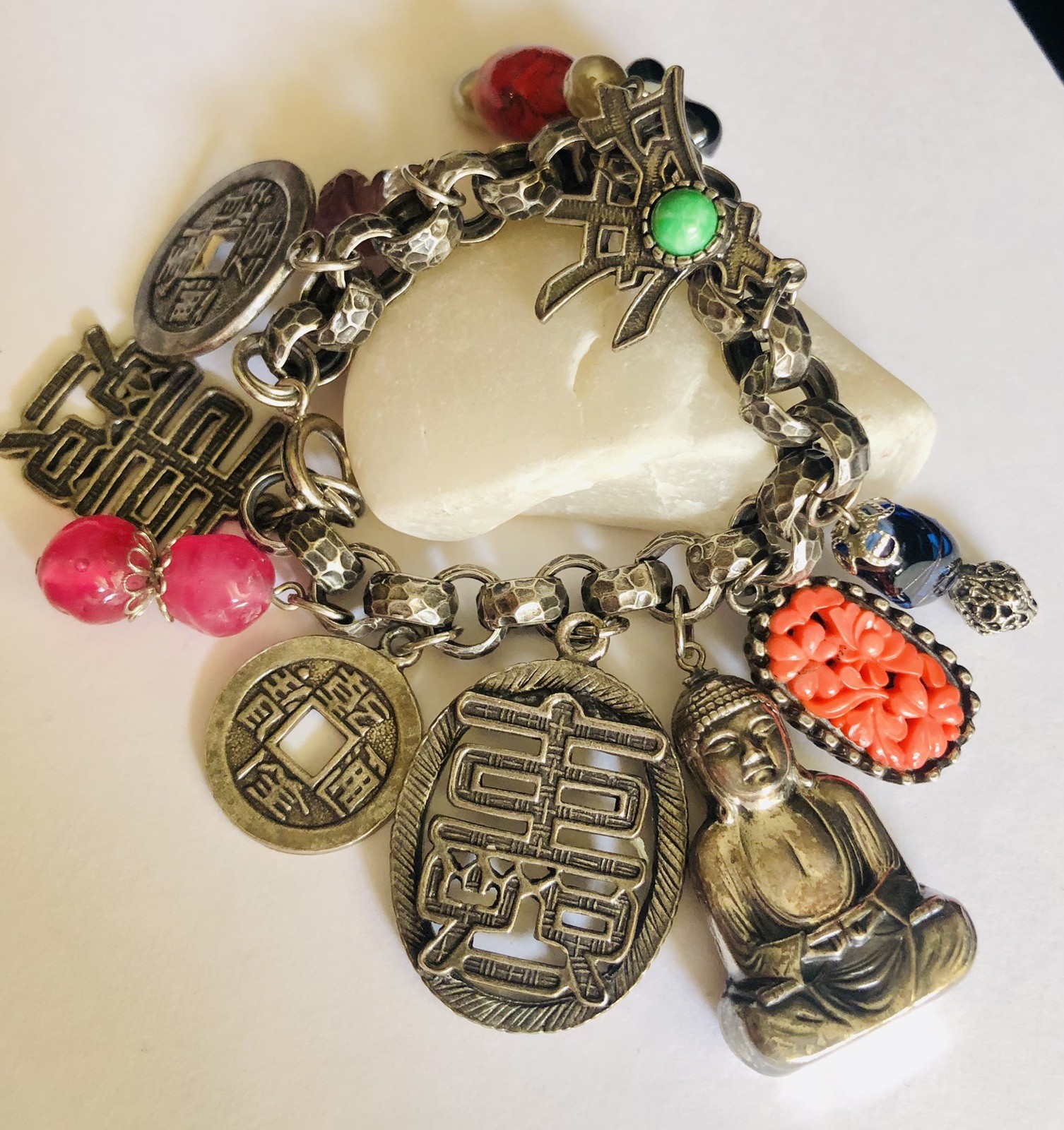VTG Germany Bracelet, Asian Theme, Murano&plastic, Beautiful Silver Tone, Heavy.