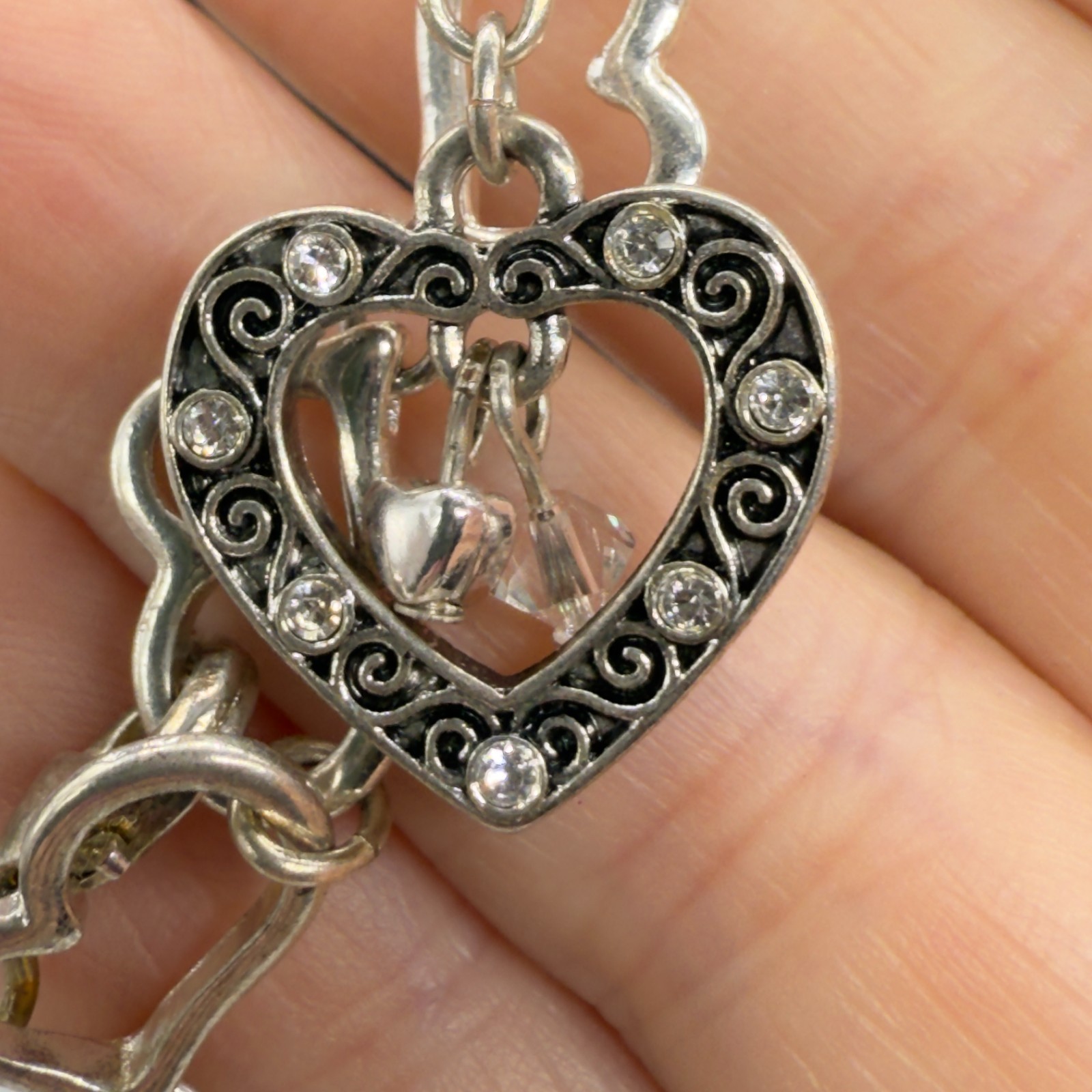 Heart Charm Bracelet Silver Tone Links Crystal Charms Enamel Size 6