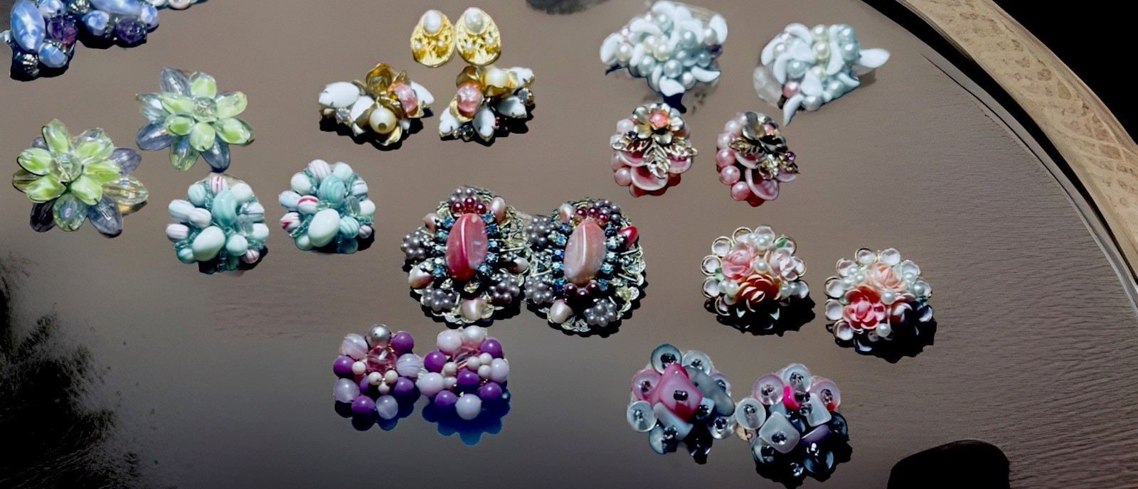 Lot -10 CLUSTER BEADED’ CLIP ON EARRINGS Pinks/purples/white/green gold Costume